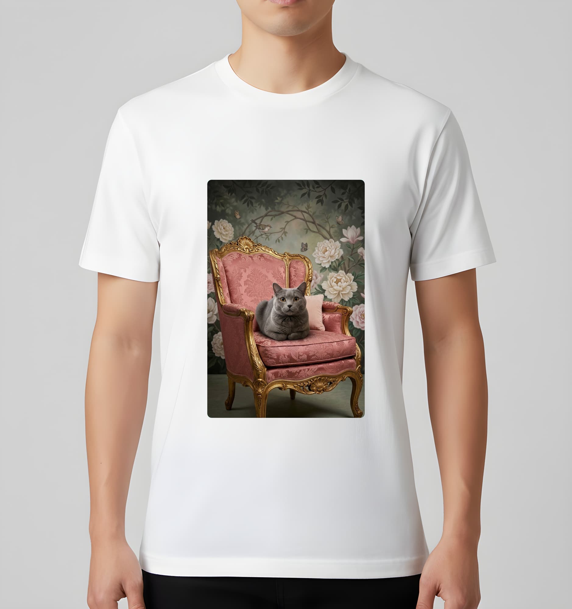 ブリティッシュショートヘアのシャビーピンクの油絵風アートロココ調Tシャツ(ホワイト) 3