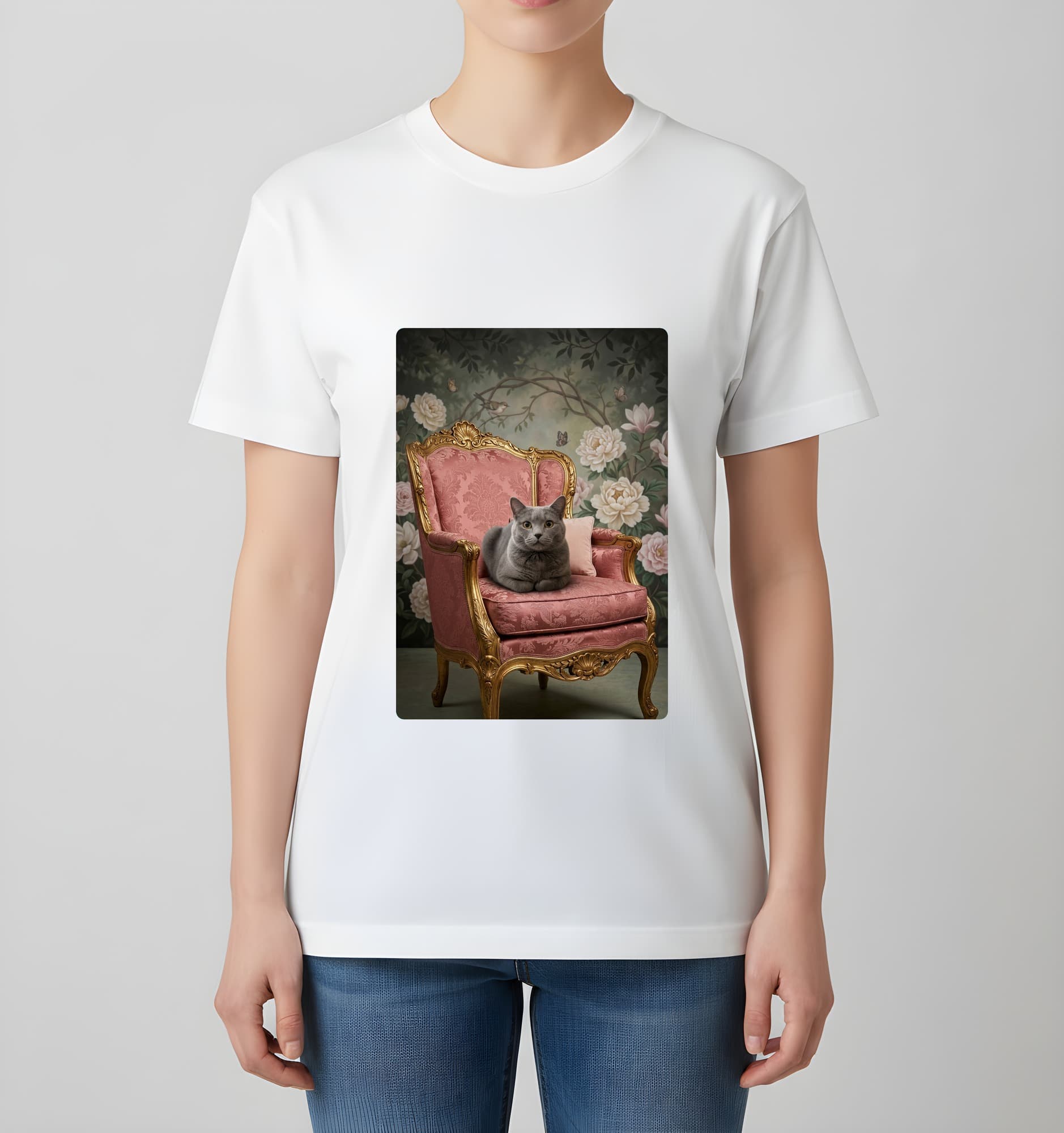 ブリティッシュショートヘアのシャビーピンクの油絵風アートロココ調Tシャツ(ホワイト) 4