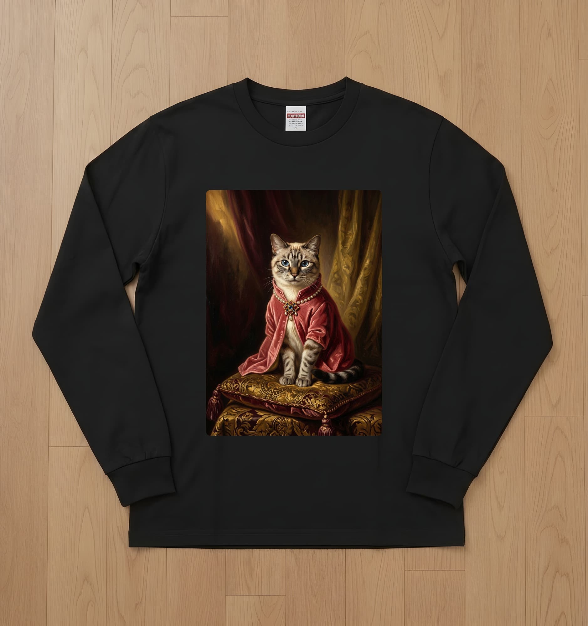 シャム猫のルネサンス肖像画長袖Tシャツ(ブラック)