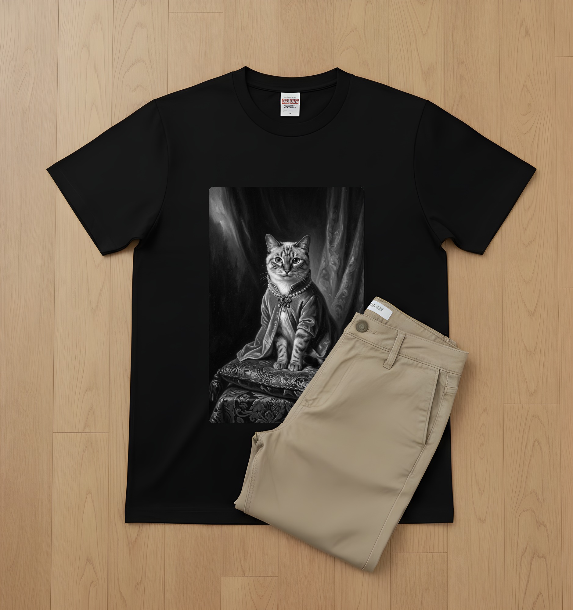 シャム猫のルネサンス肖像画Tシャツ(ブラック・モノクロプリント・額縁デザインあり) 2