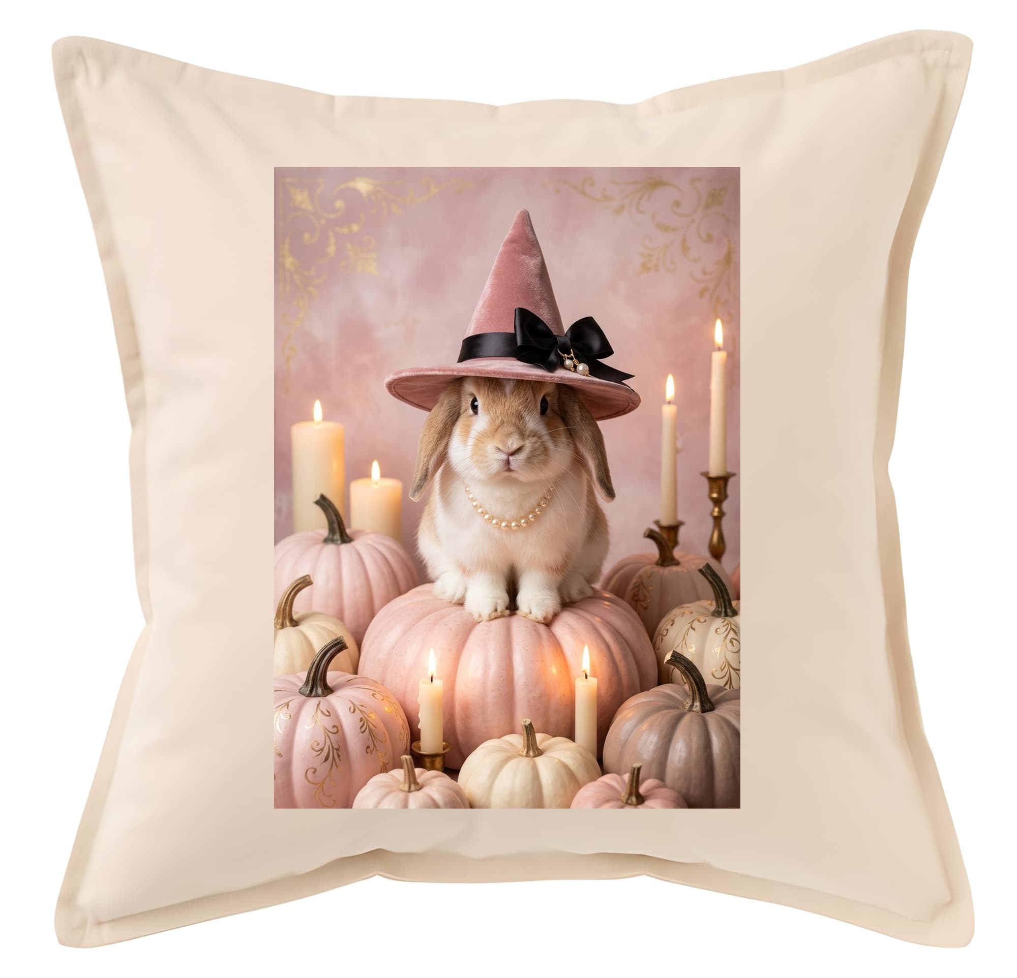 ミニロップのかぼちゃとキャンドルの油絵風アートハロウィンクッション