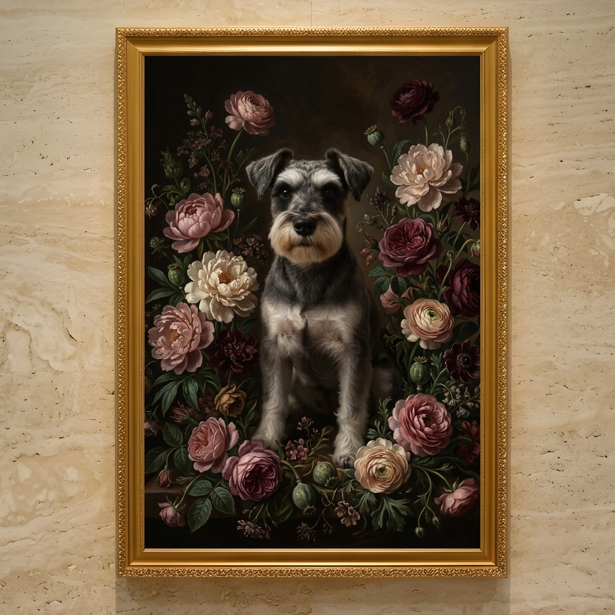 ミニチュアシュナウザーの花の油絵風アート花柄額装プリント(A3サイズ)