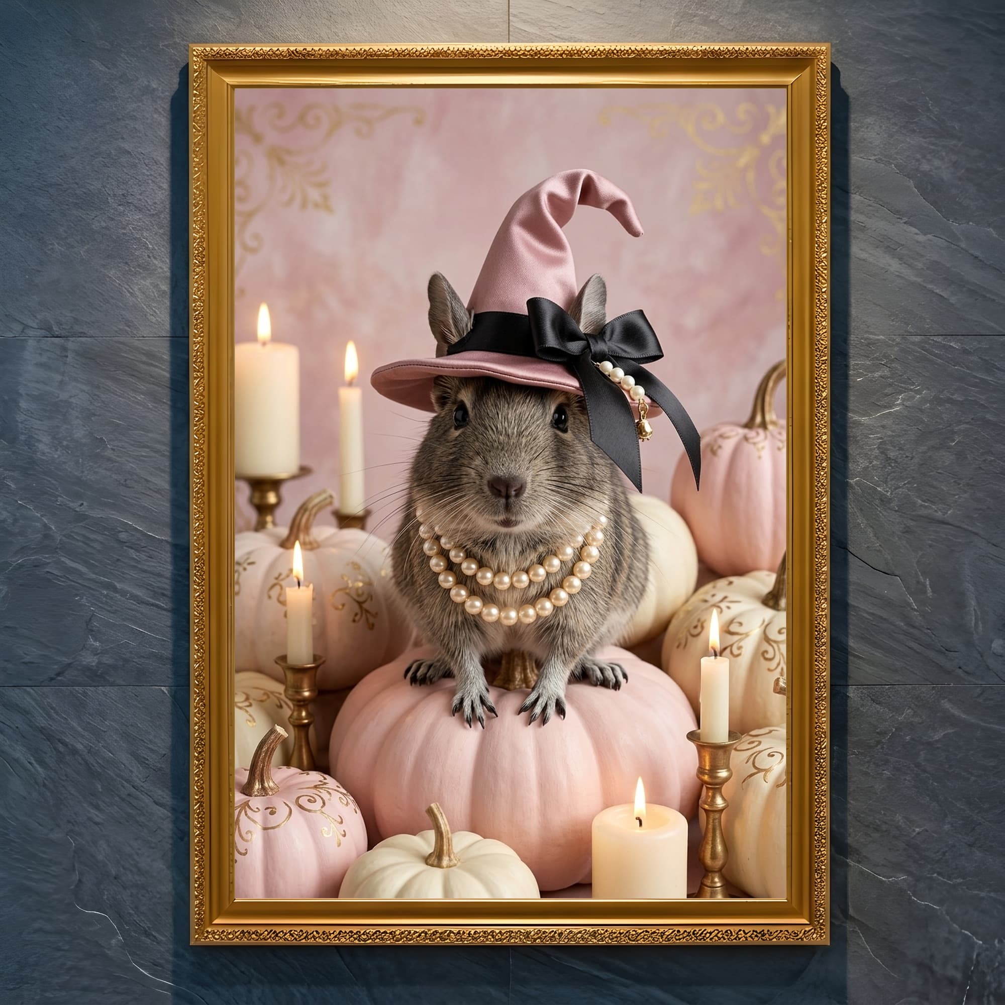 デグーのかぼちゃとキャンドルの油絵風アートハロウィン額装プリント(A4金縁)