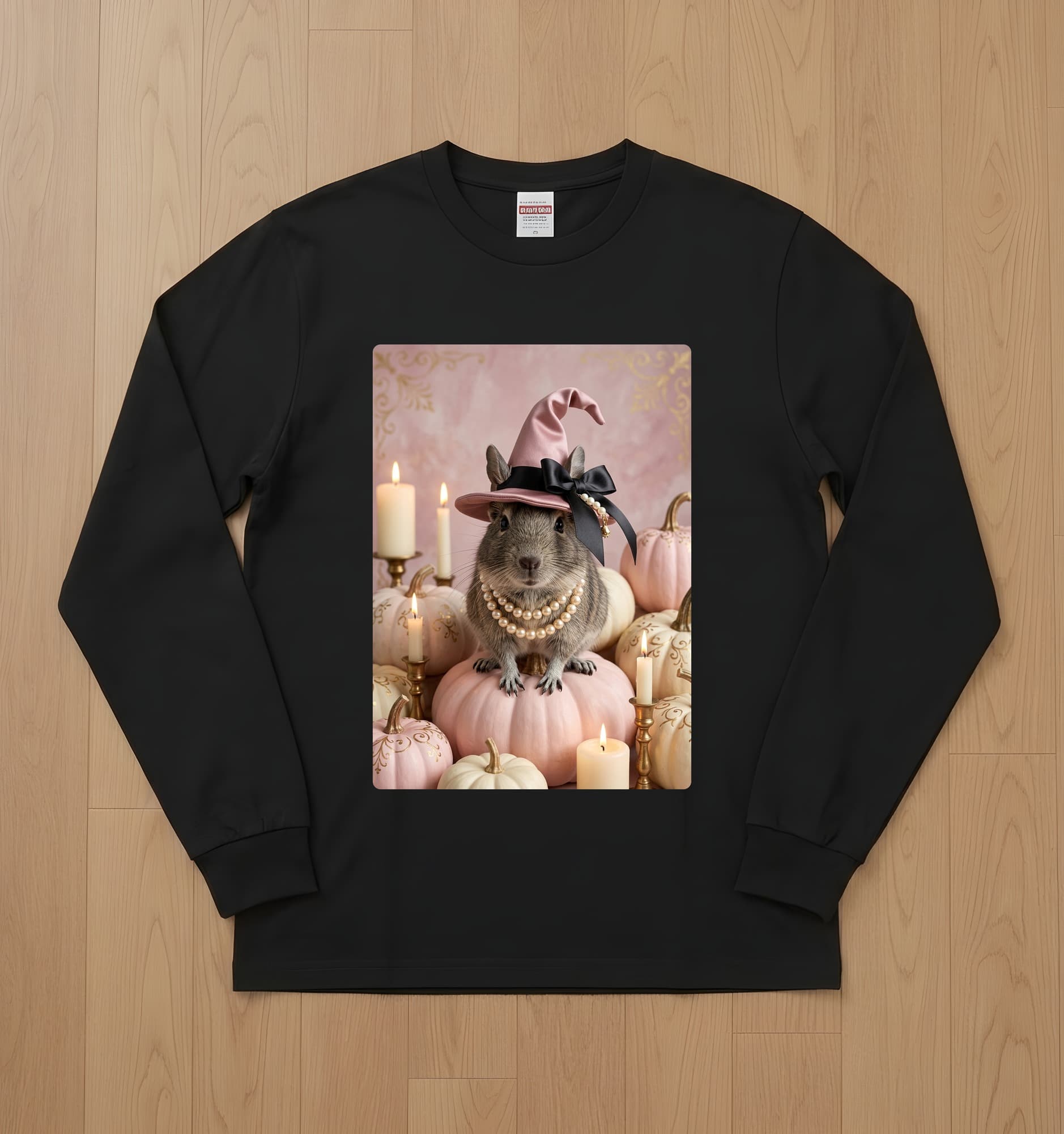 Degu Pumpkin & Candlelight Oil-Painting Halloween Long Sleeve T-Shirt (Black)