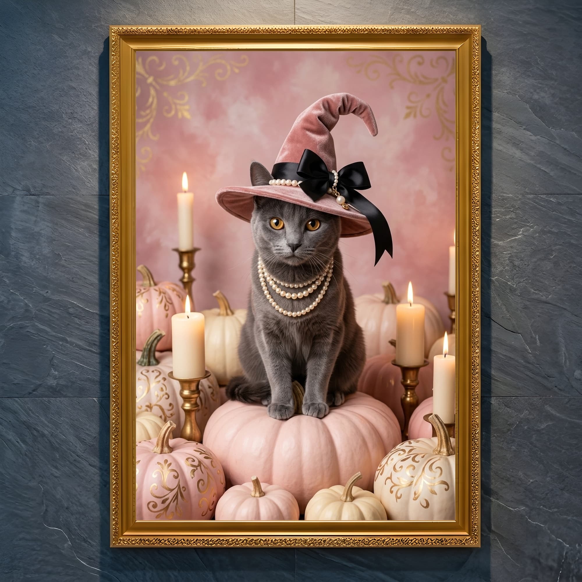 シャルトリューのかぼちゃとキャンドルの油絵風アートハロウィン額装プリント(A4金縁)
