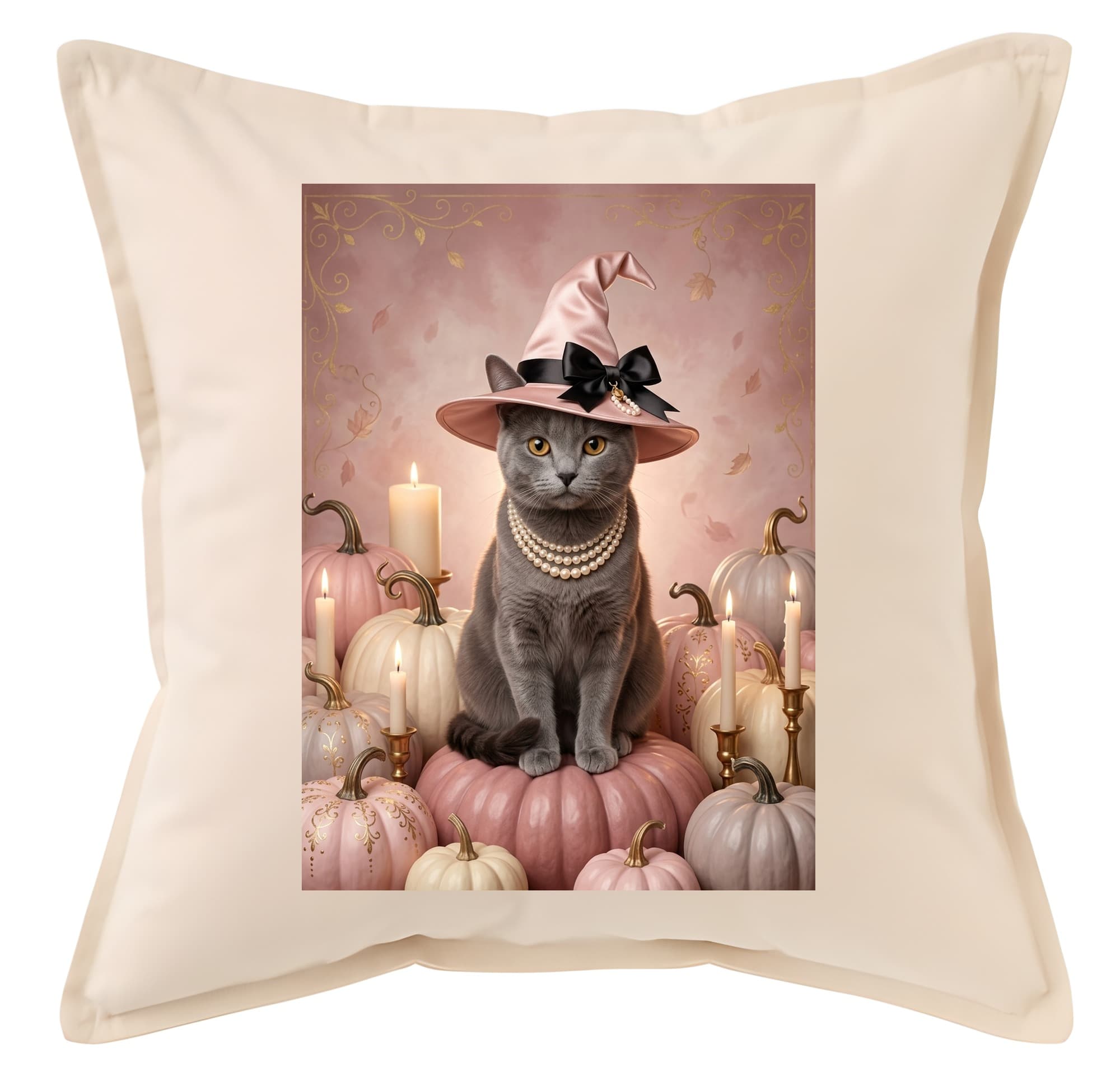 Chartreux Pumpkin & Candlelight Oil-Painting Halloween Cushion