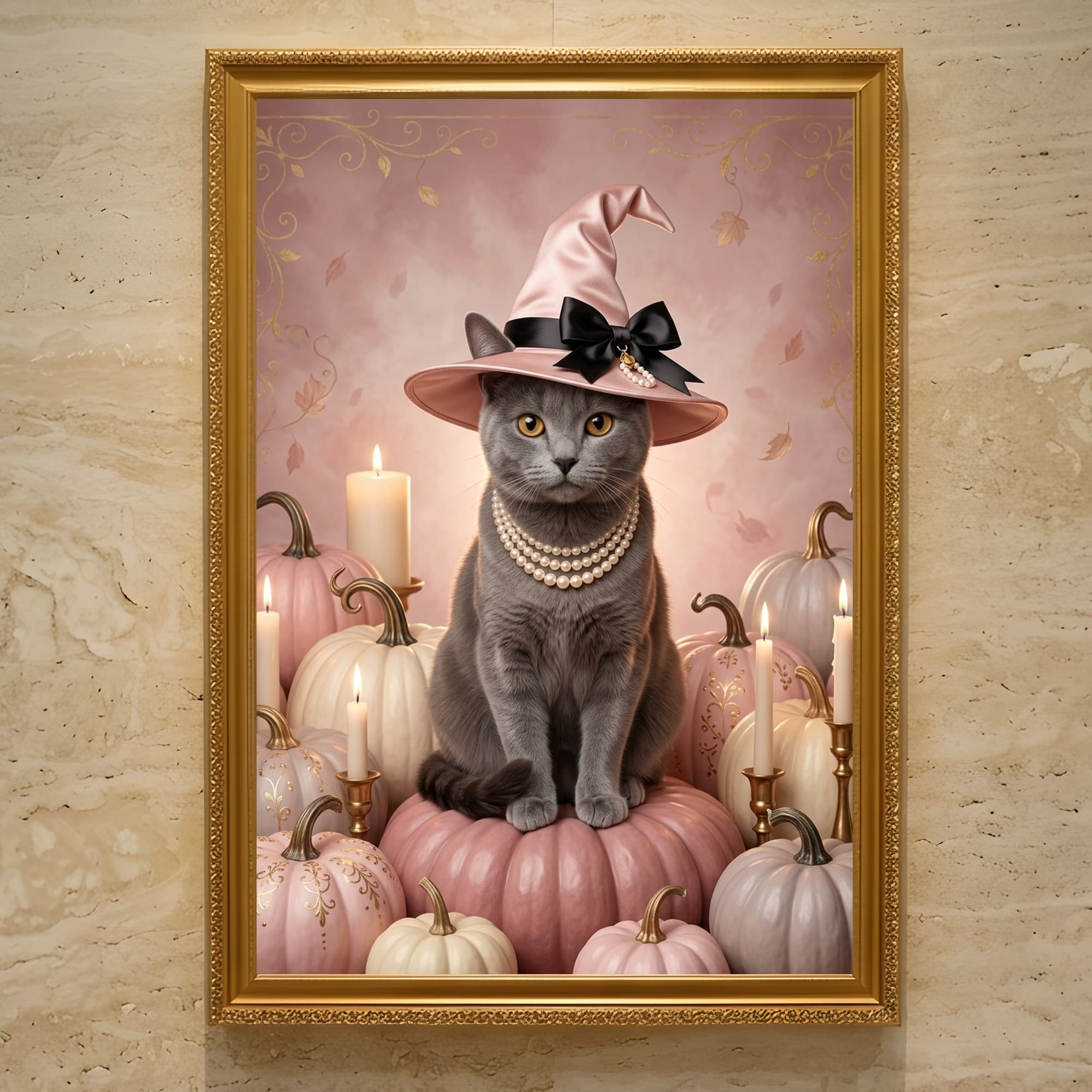 シャルトリューのかぼちゃとキャンドルの油絵風アートハロウィン額装プリント(A3サイズ)