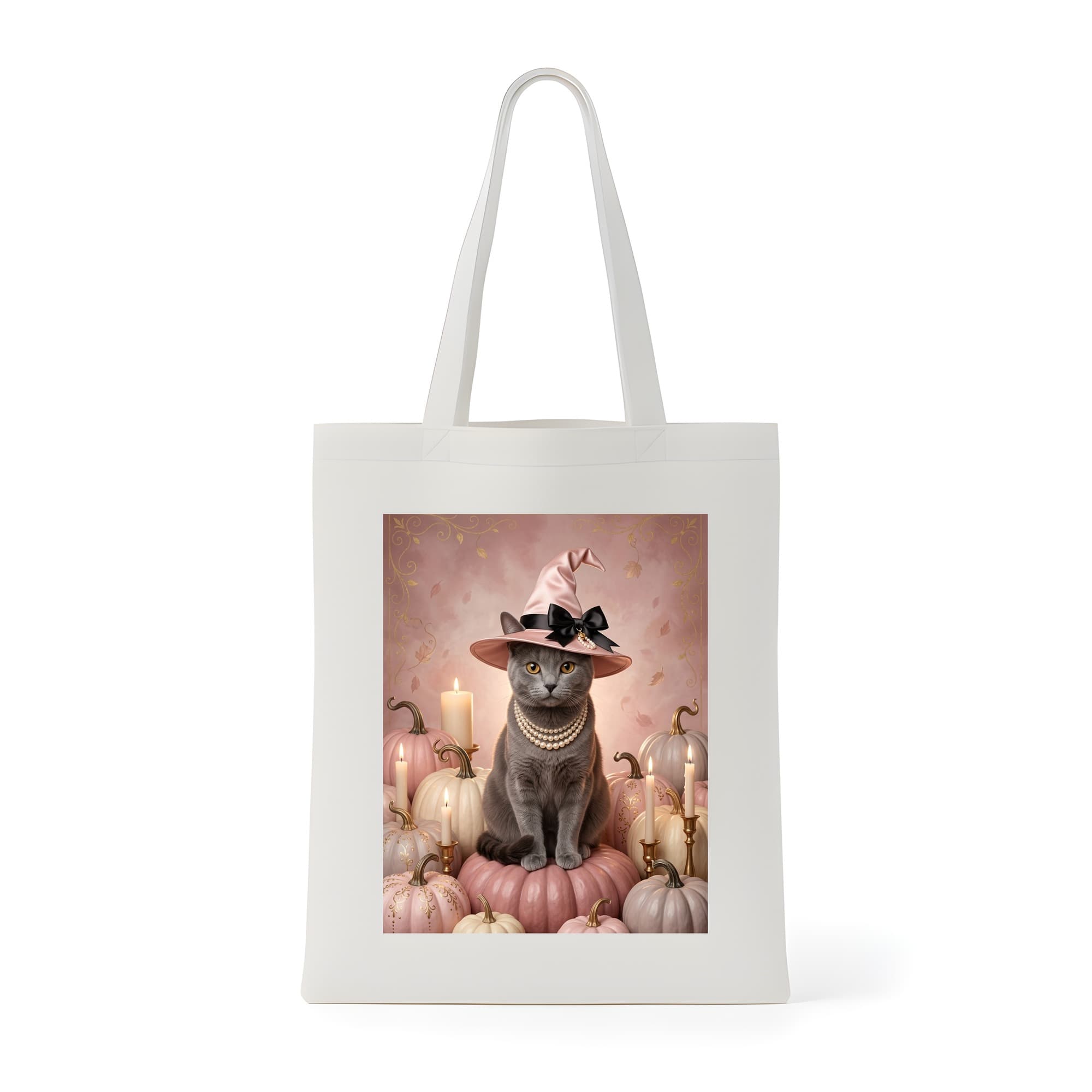 Chartreux Pumpkin & Candlelight Oil-Painting Halloween Tote Bag