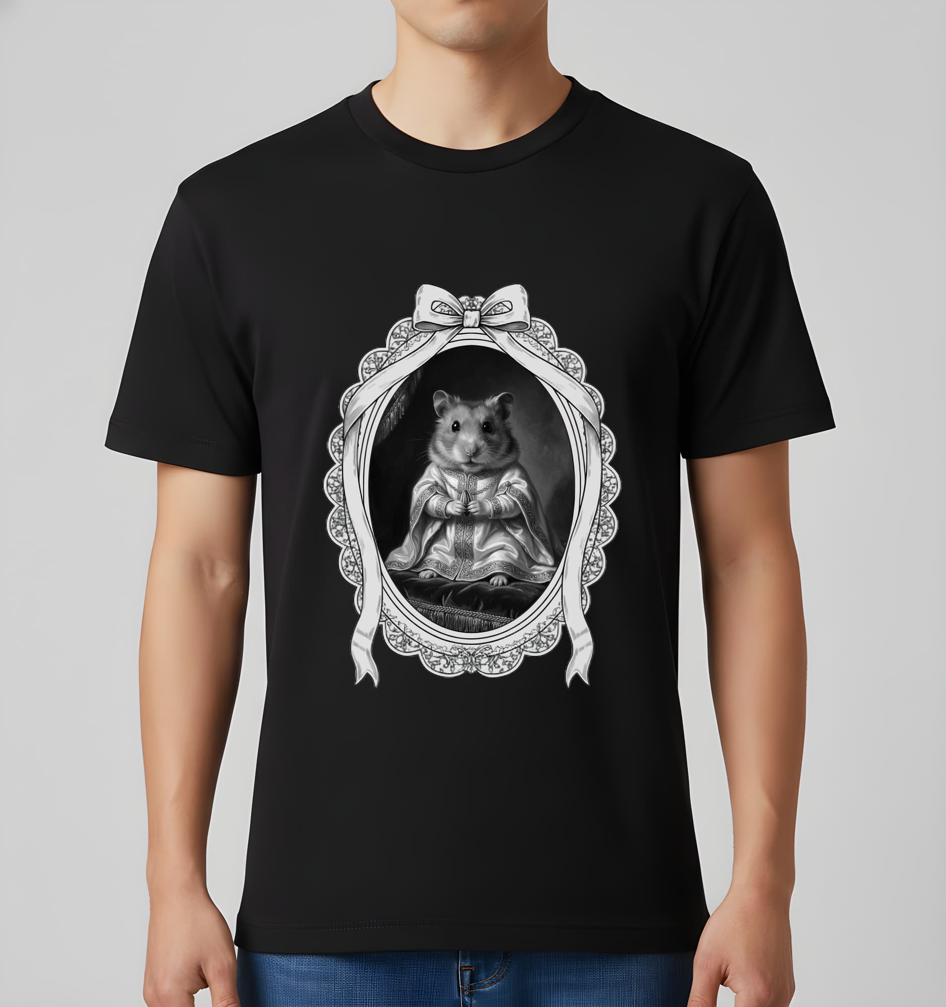 ファンシーハムスターのルネサンス肖像画Tシャツ(ブラック・モノクロプリント・額縁デザインあり) 2