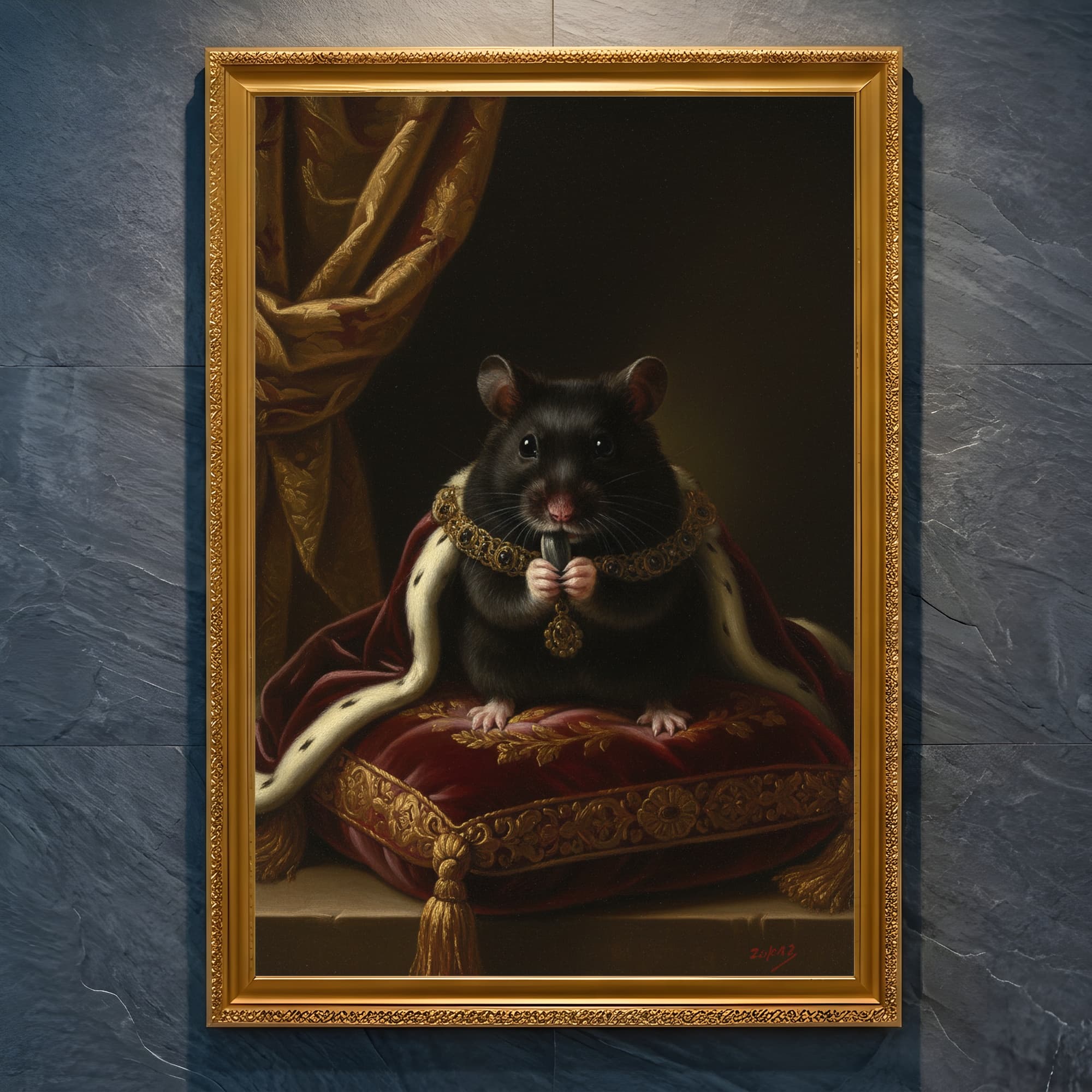 Black Bear hamster Renaissance Portrait Framed Art Print (A4 Gold)