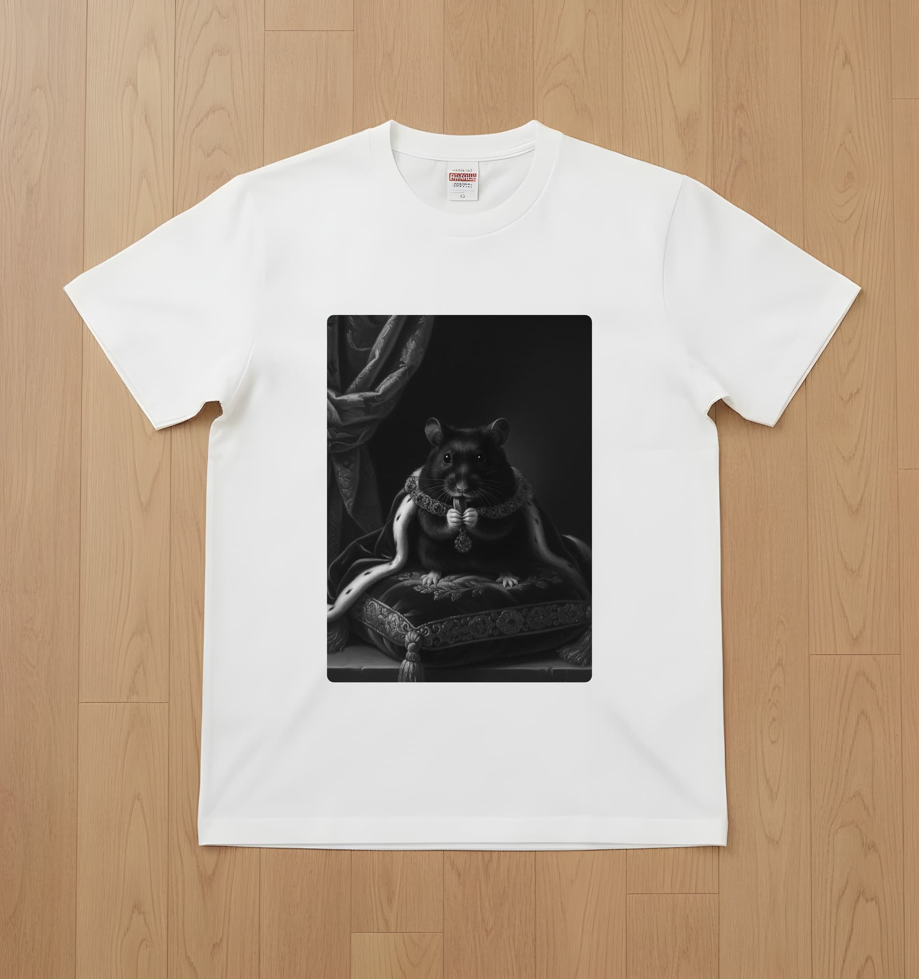 ブラックベアハムスターのルネサンス肖像画Tシャツ(ホワイト・モノクロプリント・額縁なし)