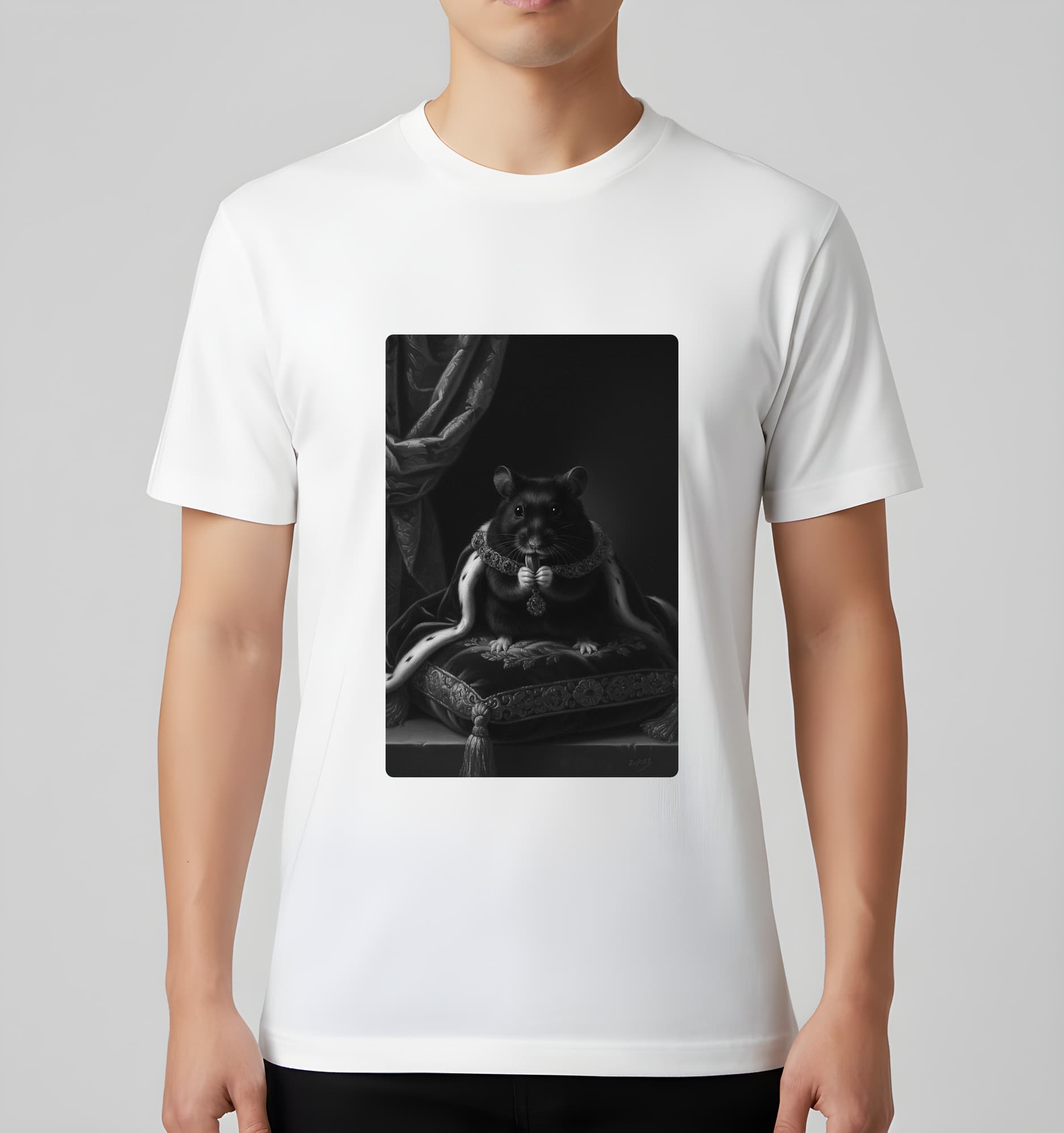 ブラックベアハムスターのルネサンス肖像画Tシャツ(ホワイト・モノクロプリント・額縁なし) 3