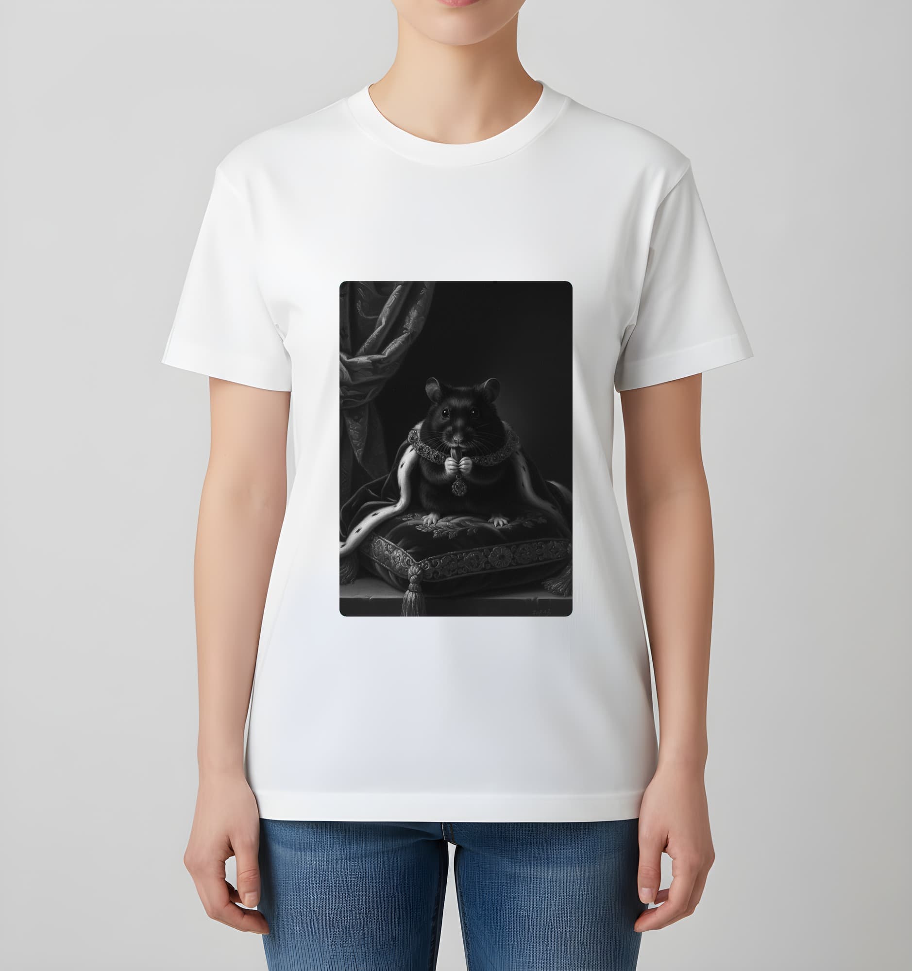 ブラックベアハムスターのルネサンス肖像画Tシャツ(ホワイト・モノクロプリント・額縁なし) 4