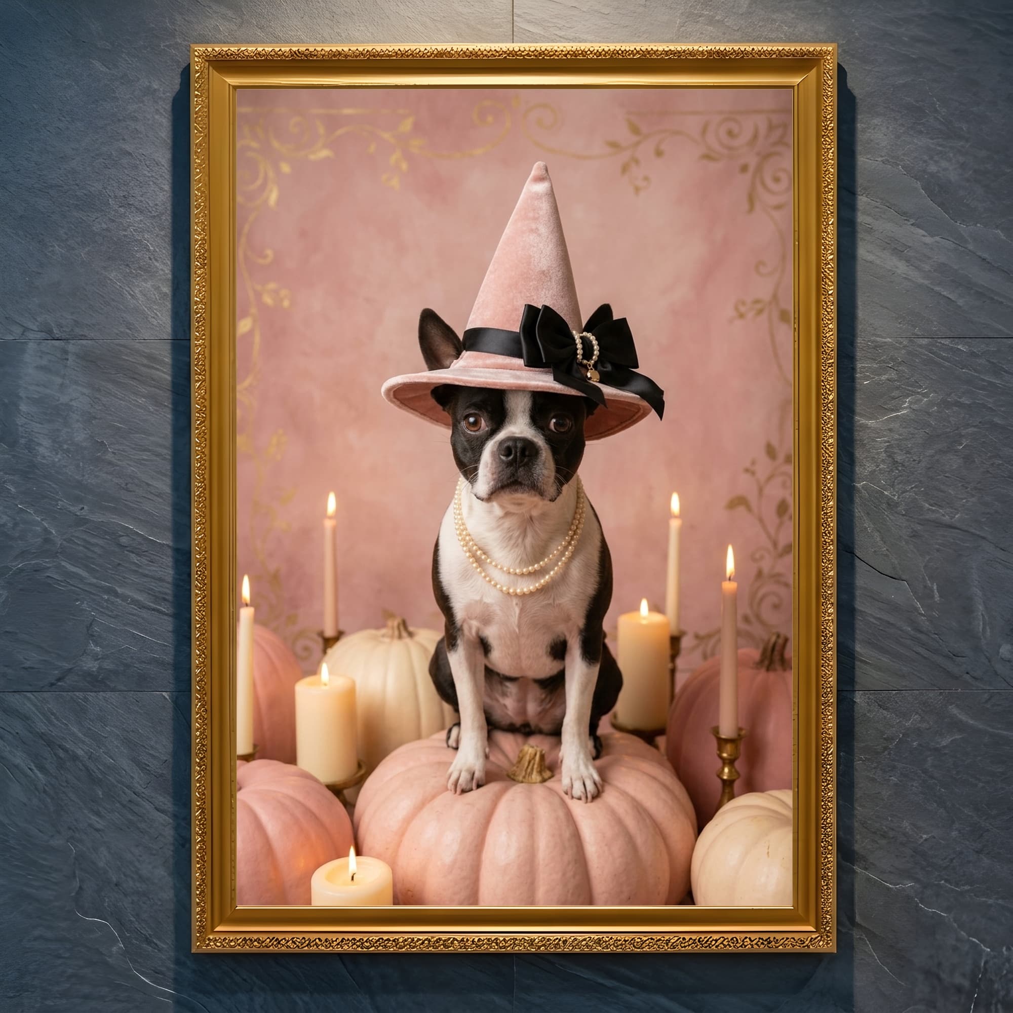 Boston terrier Pumpkin & Candlelight Oil-Painting Halloween Framed Art Print (A4 Gold)