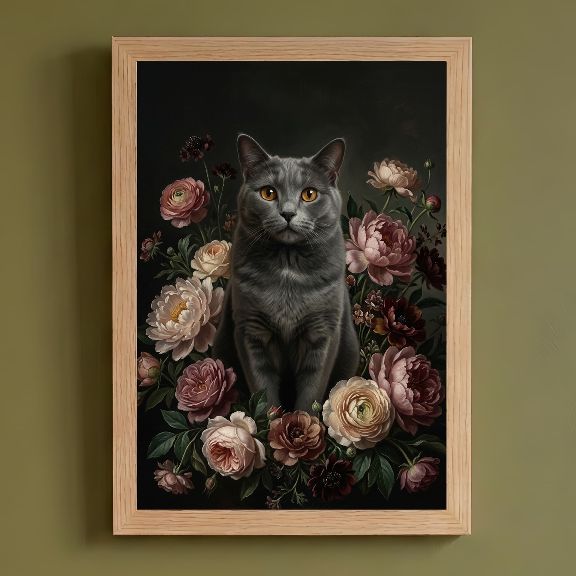 シャルトリューの花の油絵風アート花柄額装プリント(A4サイズ)