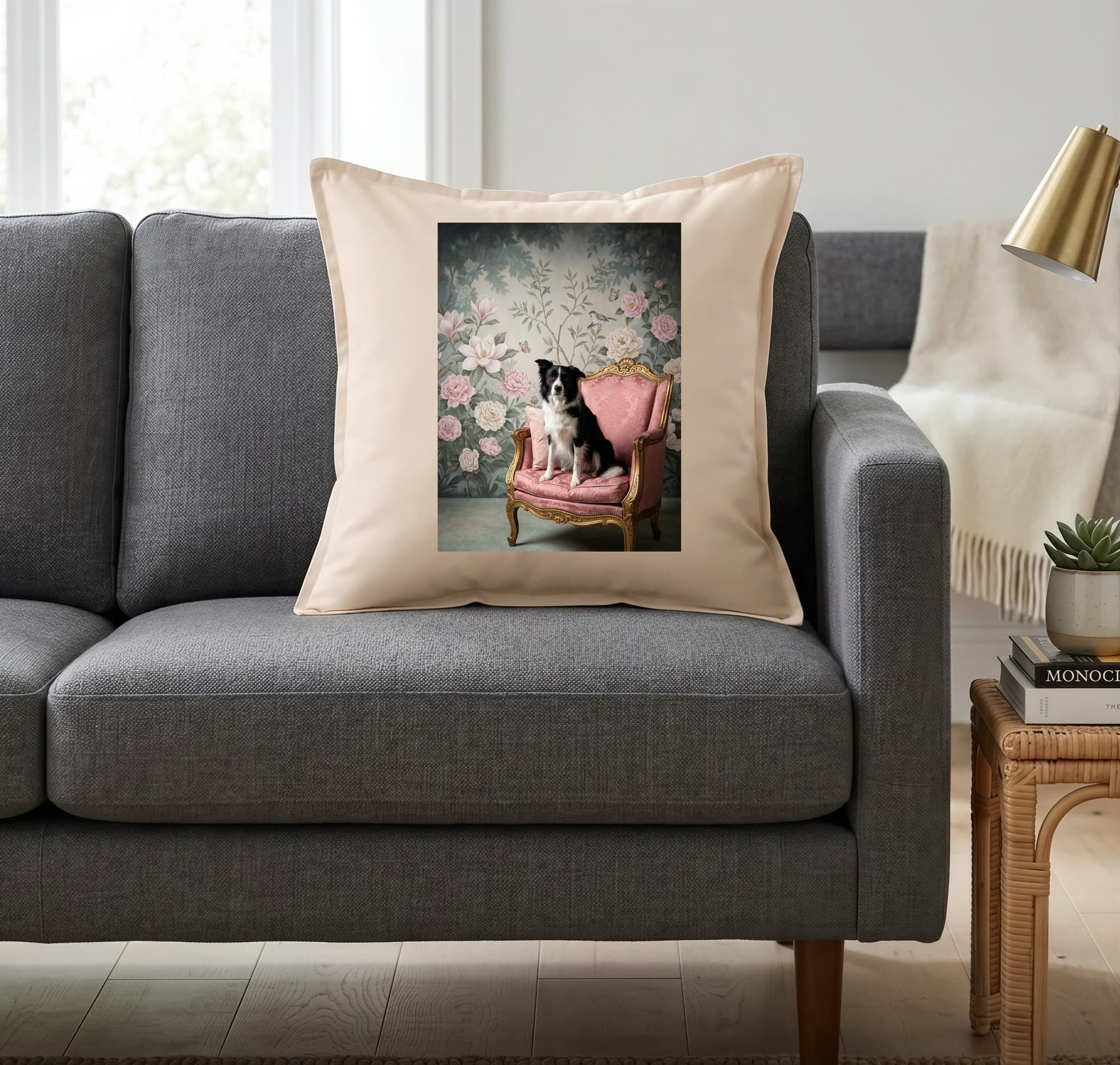 border collie Shabby Pink Oil-Painting Rococo Cushion 2