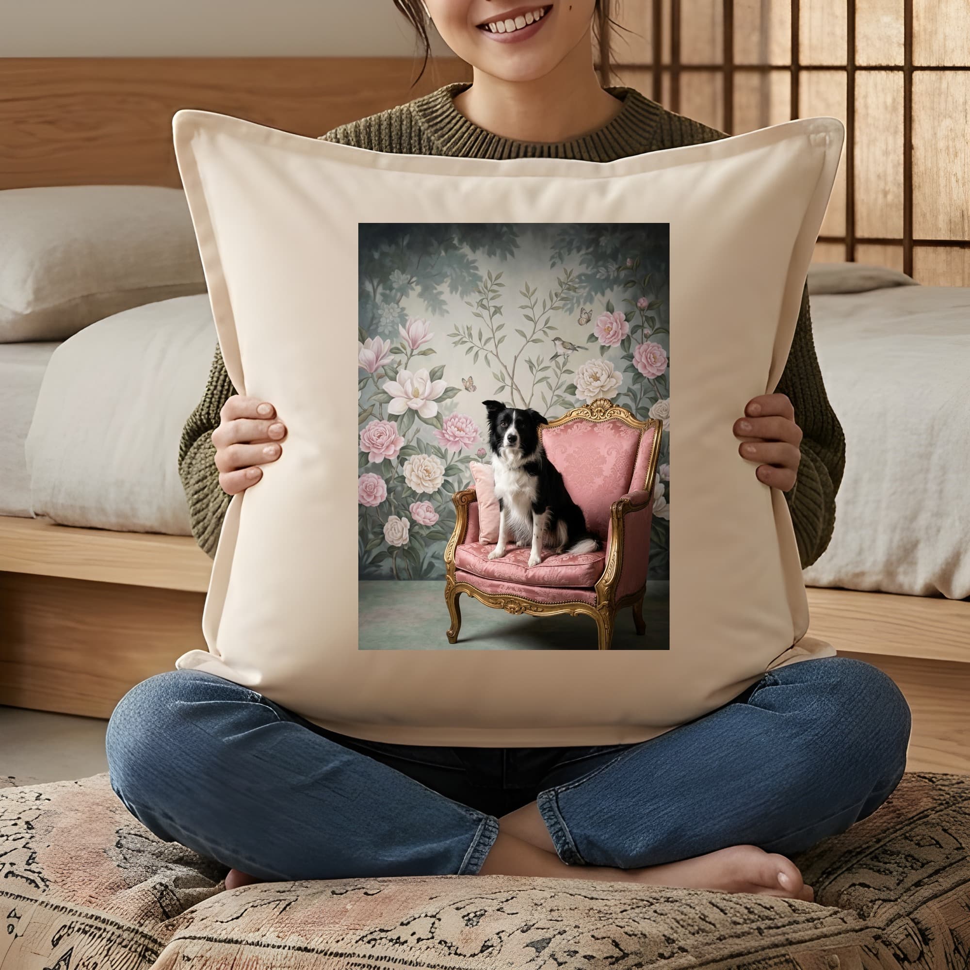 border collie Shabby Pink Oil-Painting Rococo Cushion 3
