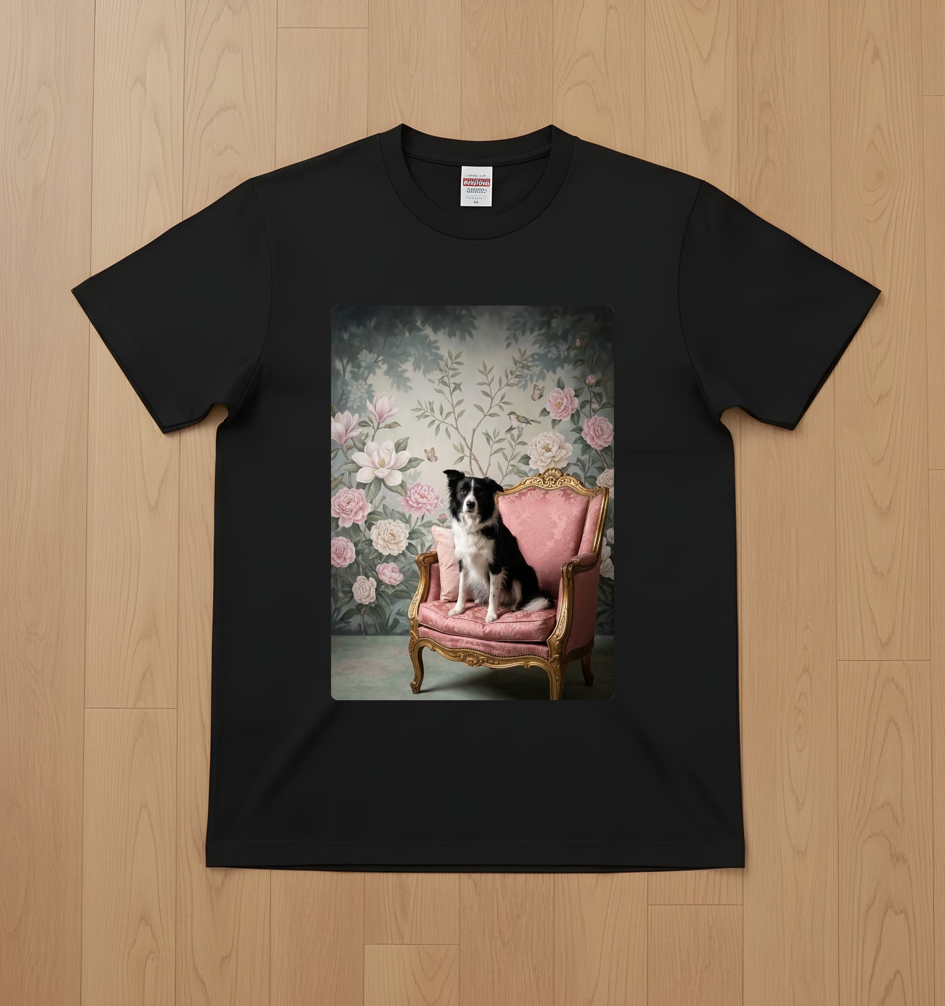 ボーダーコリーのシャビーピンクの油絵風アートロココ調Tシャツ(ブラック)