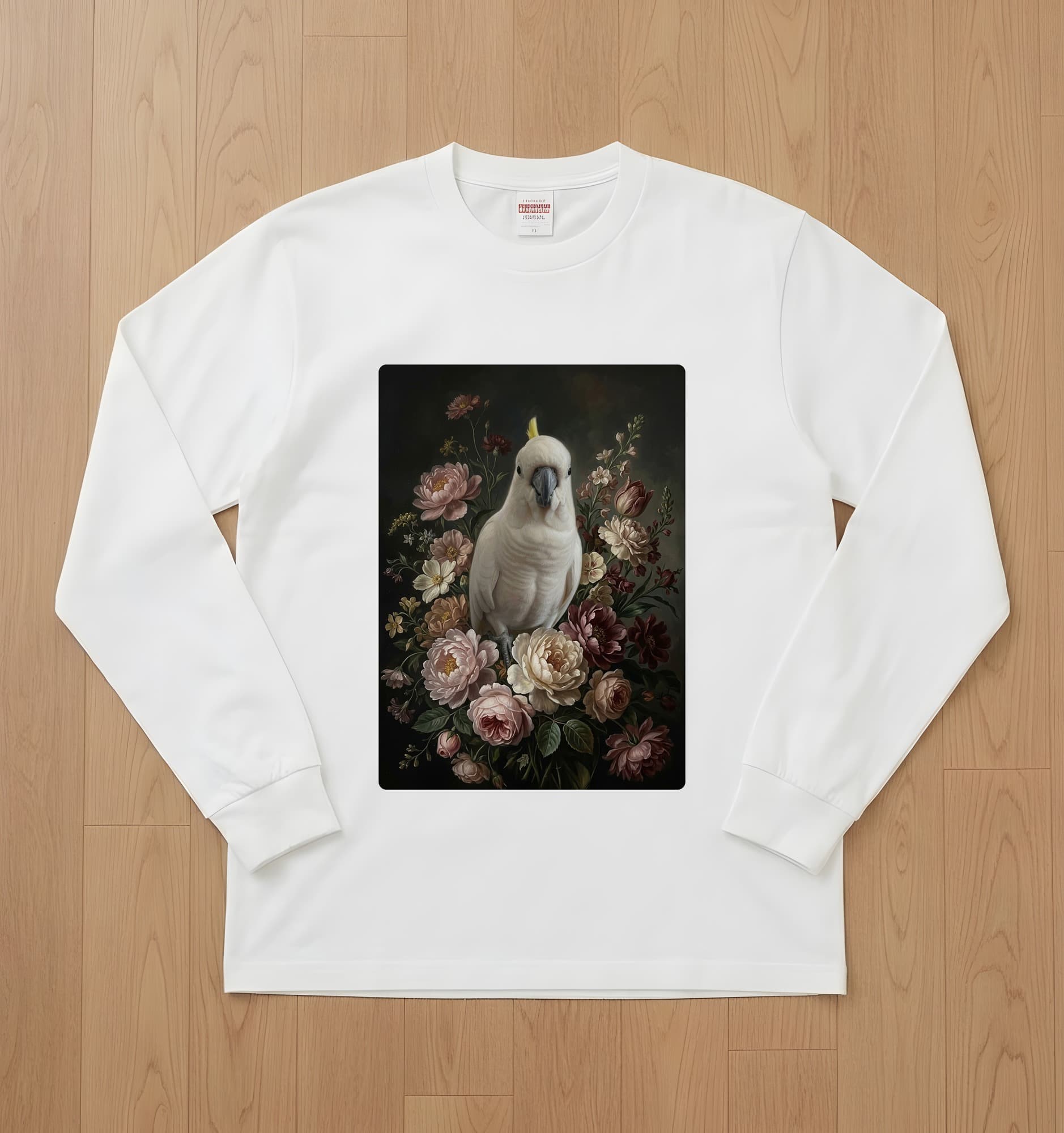 タイハクオウムの花の油絵風アート花柄長袖Tシャツ(ホワイト)