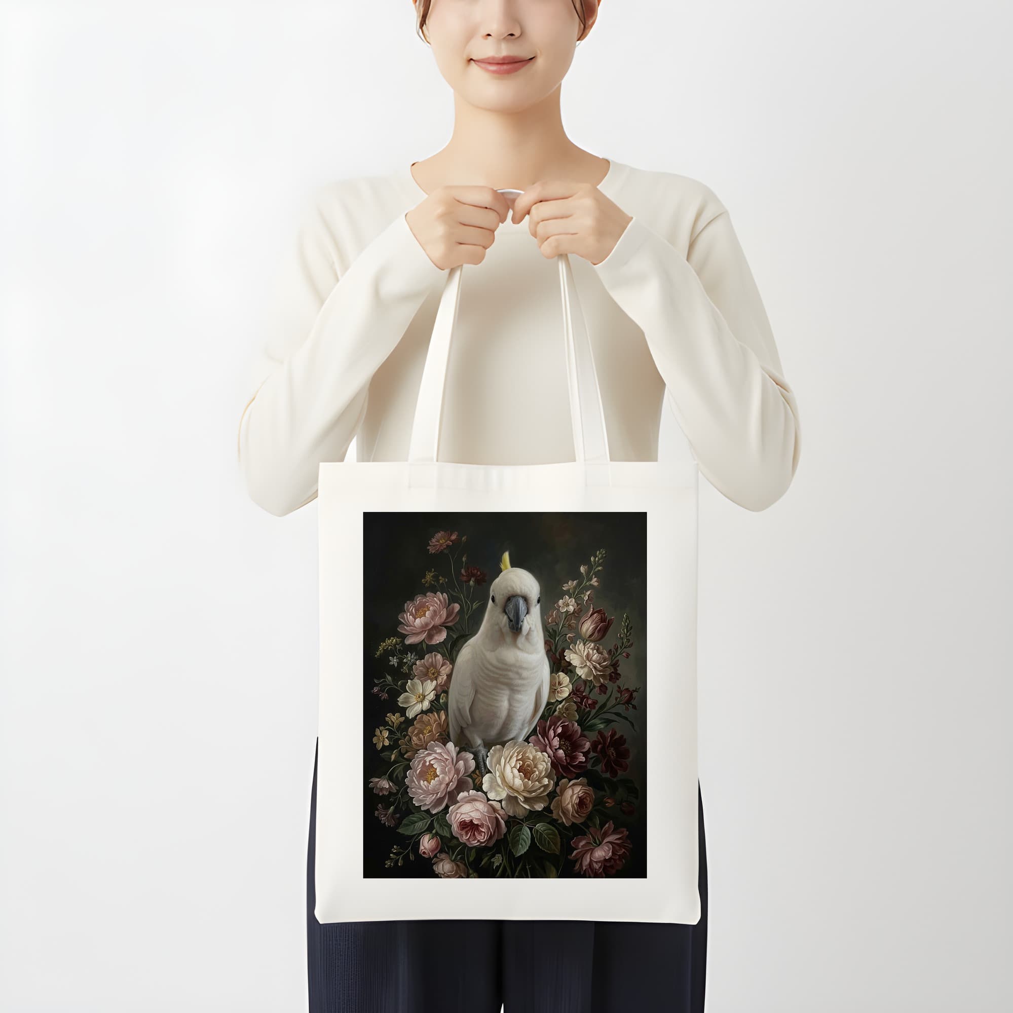 Umbrella Cockatoo Floral Oil-Painting Floral Tote Bag 3