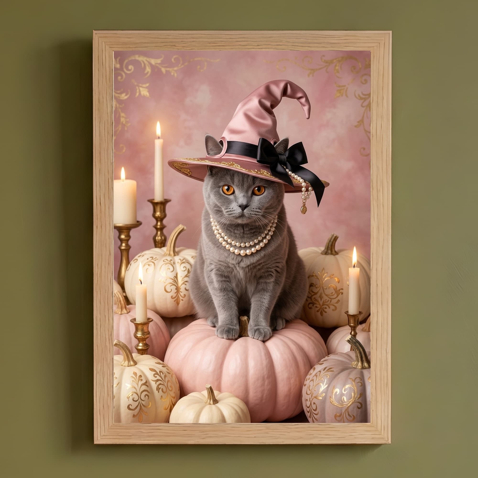 British Shorthair Pumpkin & Candlelight Oil-Painting Halloween Framed Art Print (A4)