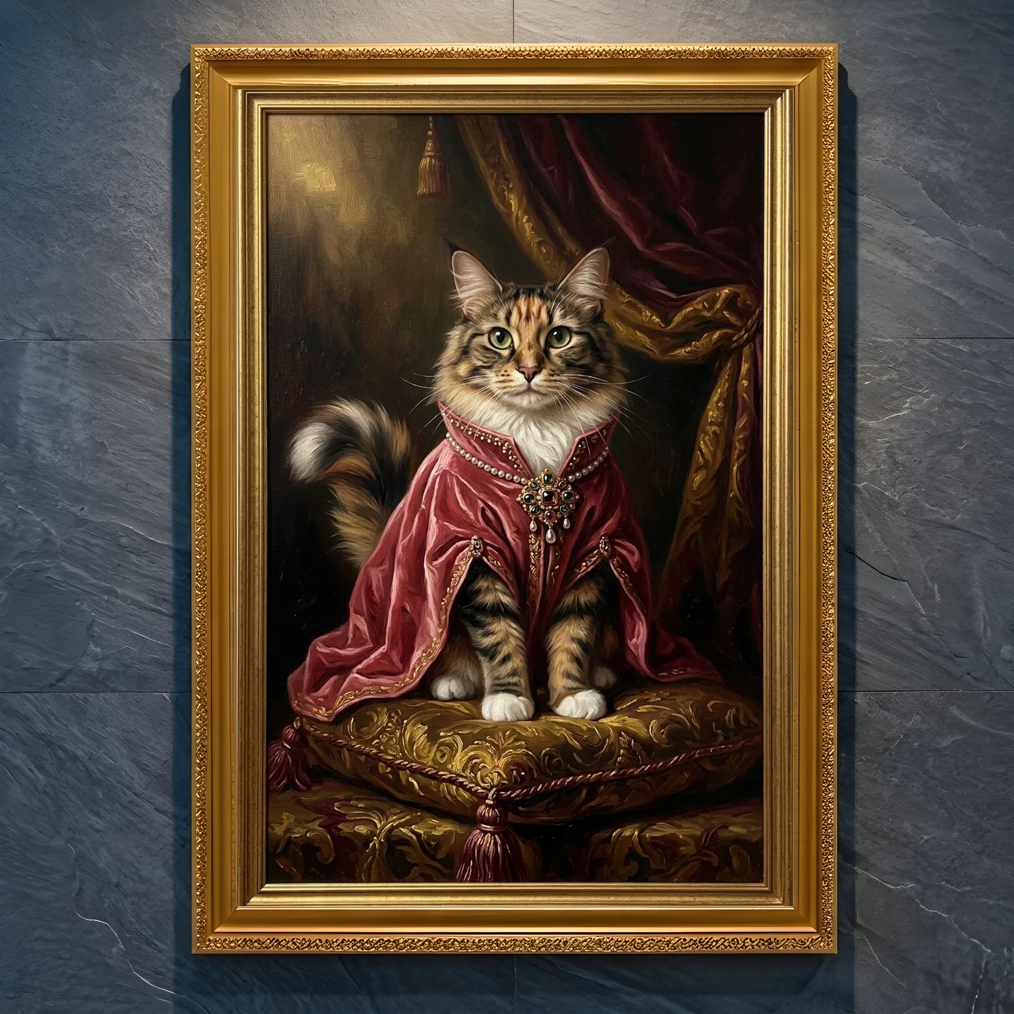 Norwegian Forest cat Renaissance Portrait Framed Art Print (A4 Gold)