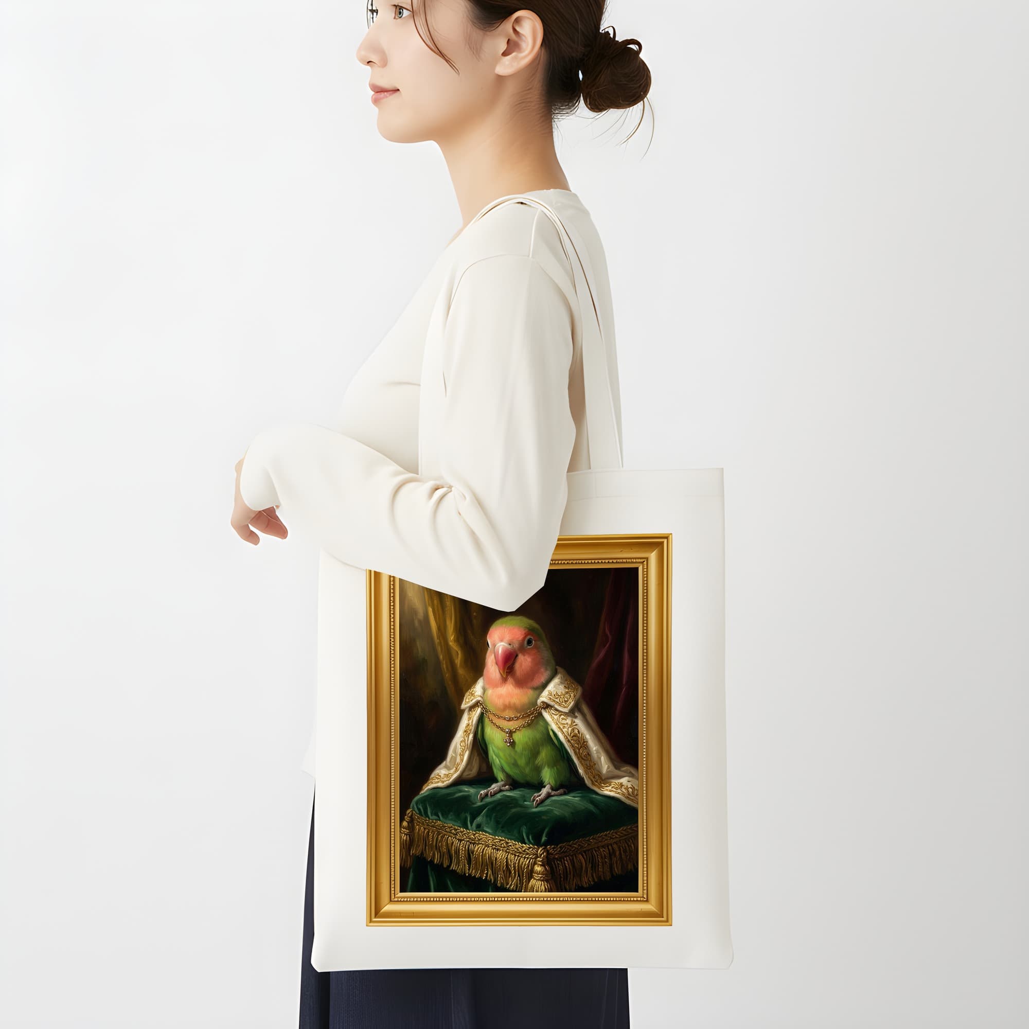 Peach-faced Lovebird Renaissance Portrait Tote Bag (Color Print, Framed Design) 2