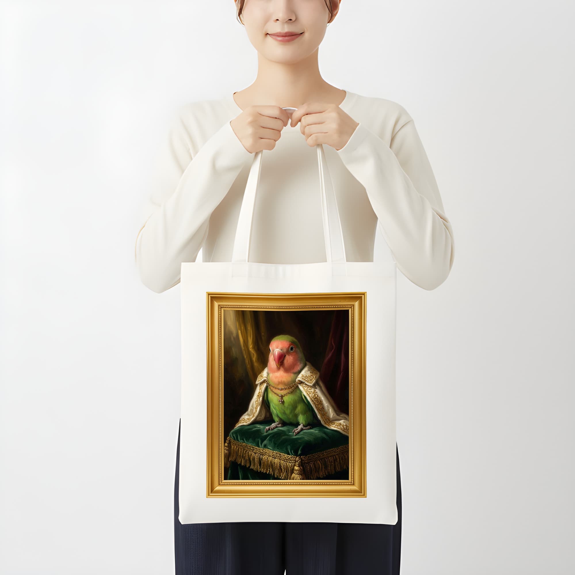 Peach-faced Lovebird Renaissance Portrait Tote Bag (Color Print, Framed Design) 3