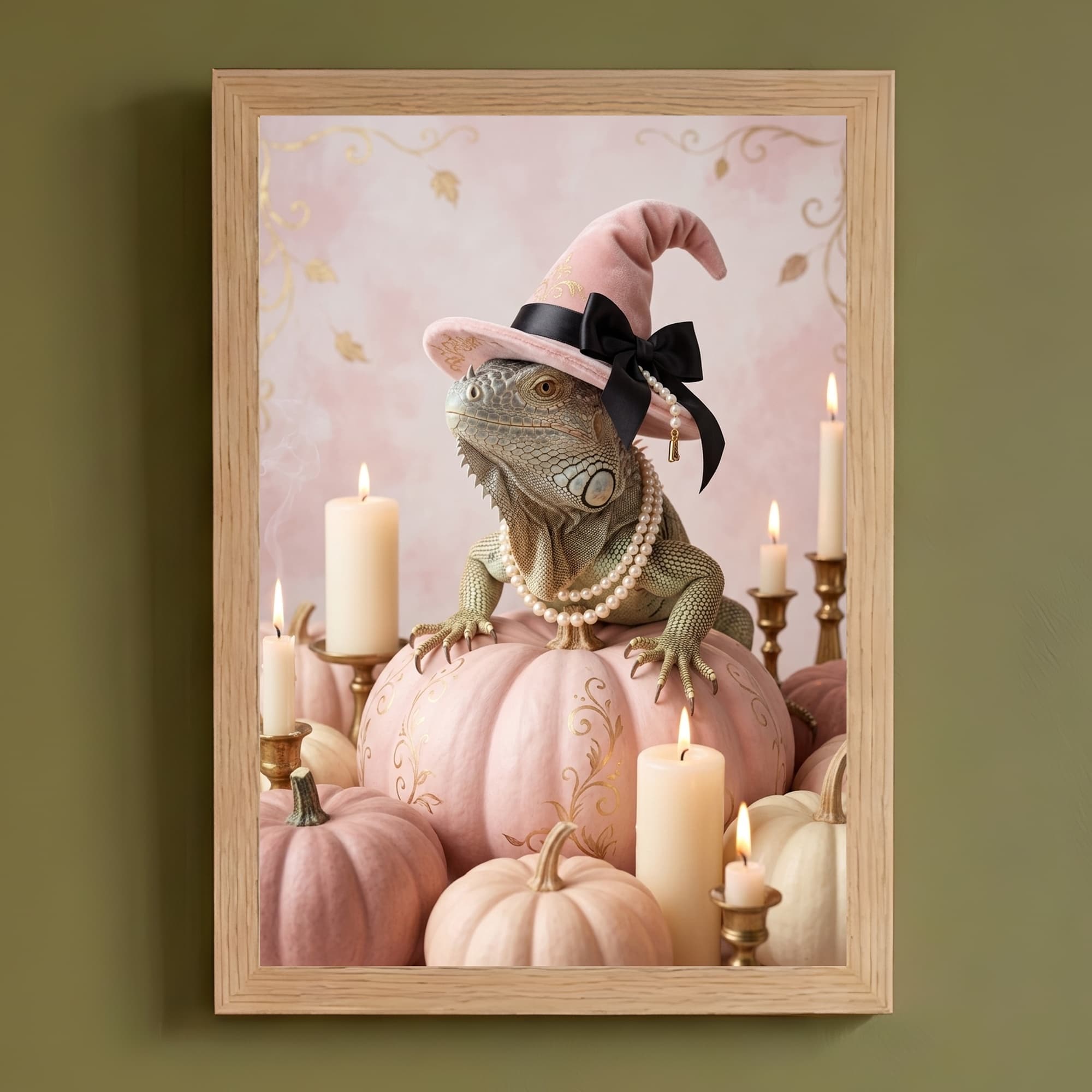 トゲオイグアナのかぼちゃとキャンドルの油絵風アートハロウィン額装プリント(A4サイズ)