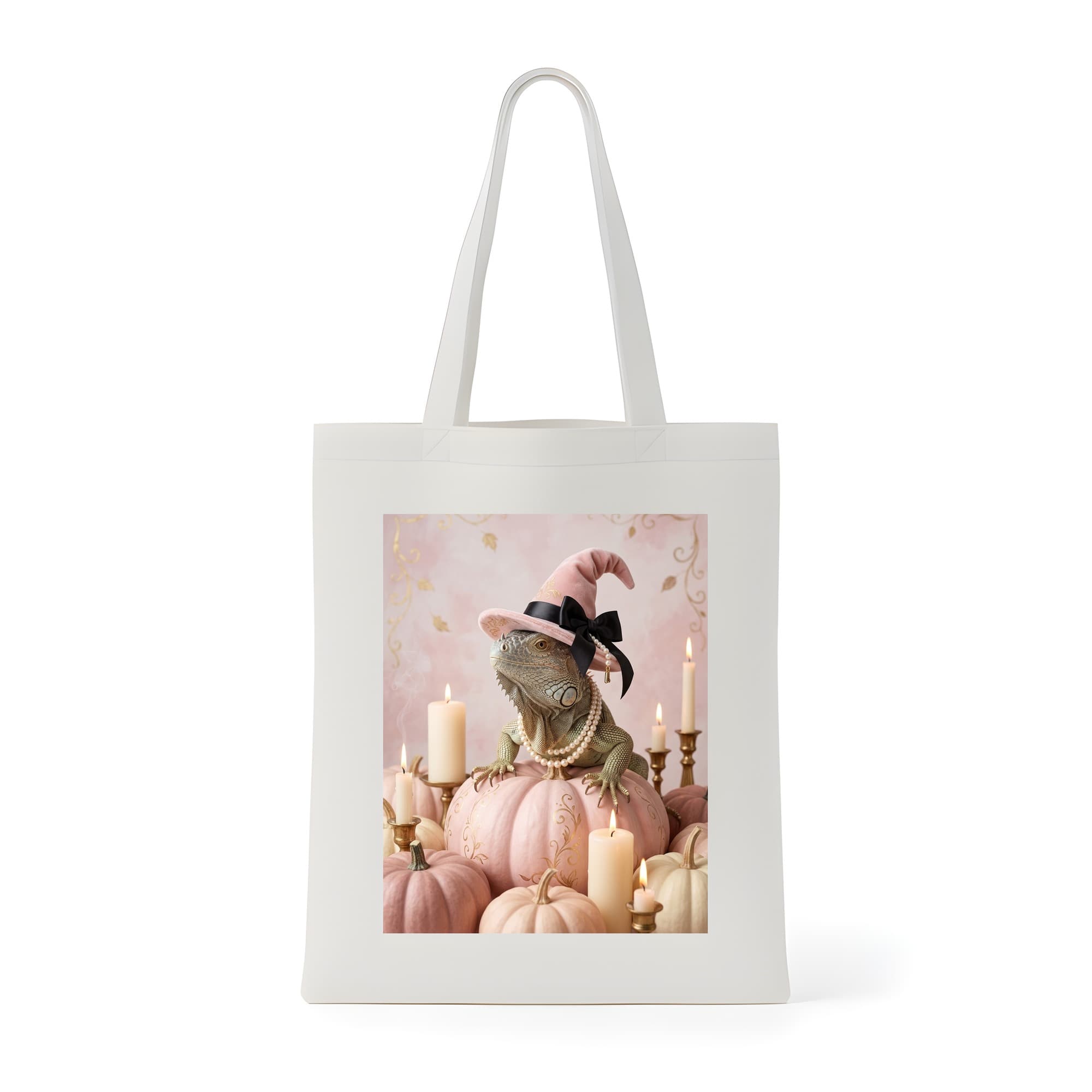 トゲオイグアナのかぼちゃとキャンドルの油絵風アートハロウィントートバッグ
