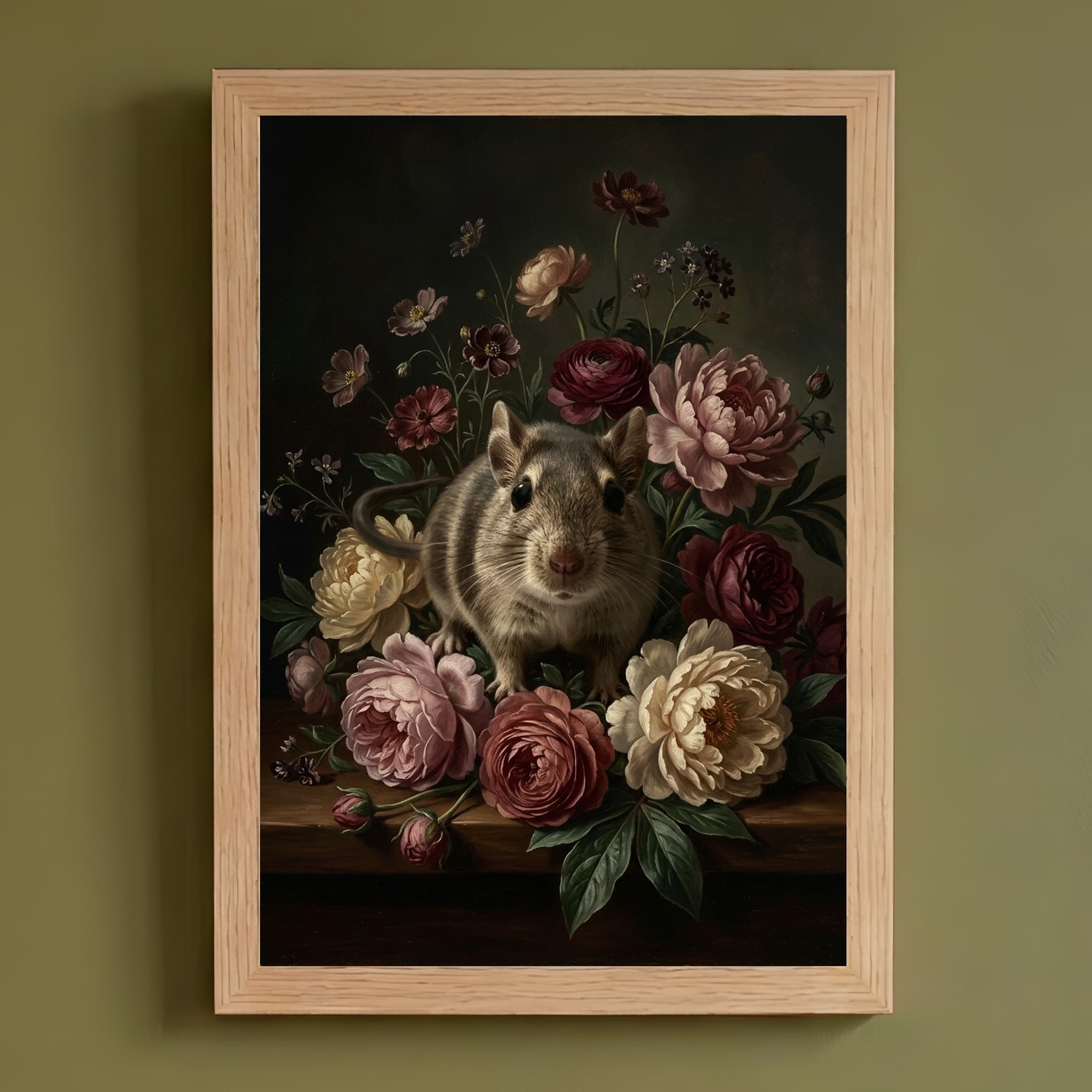 デグーの花の油絵風アート花柄額装プリント(A4サイズ)