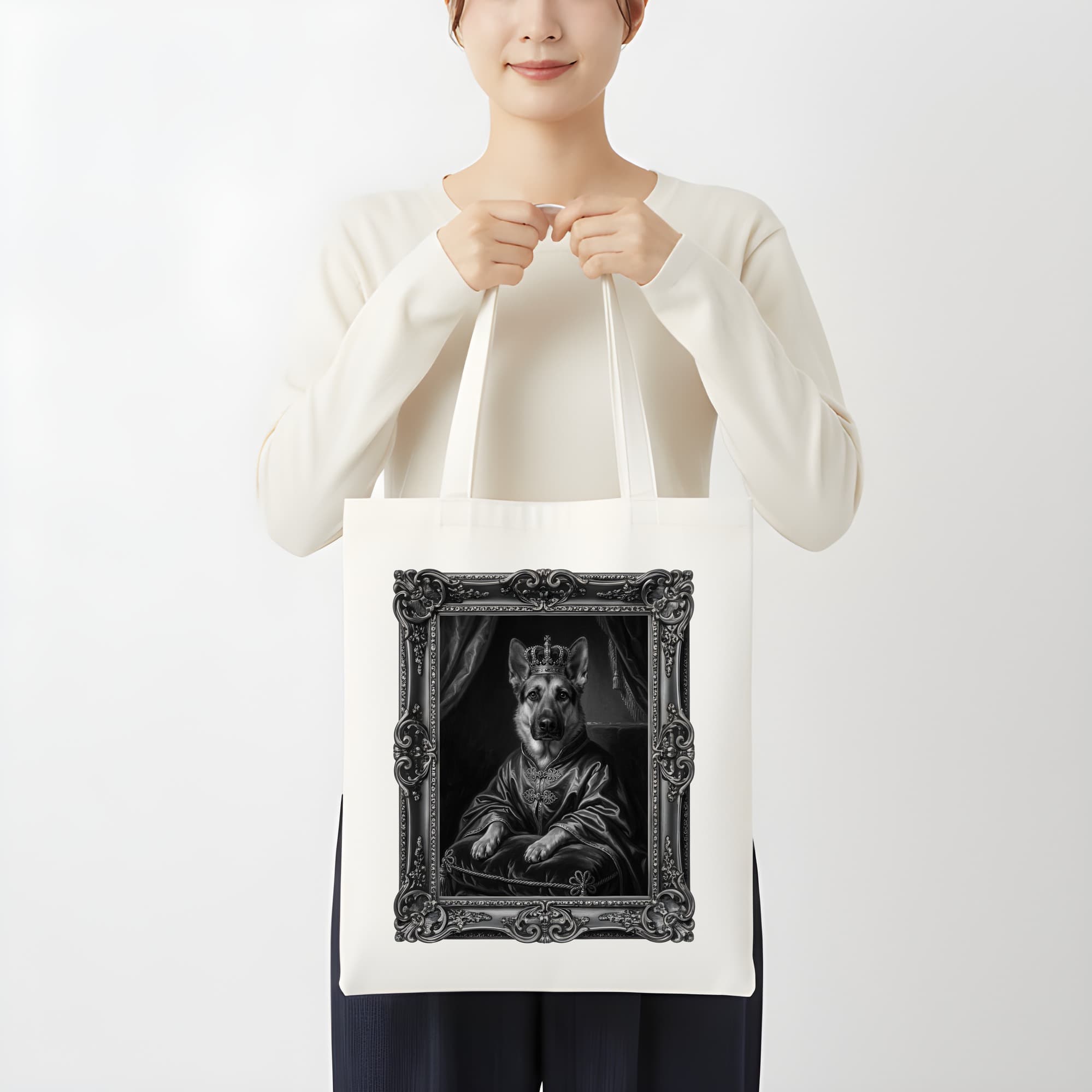 German shepherd Renaissance Portrait Tote Bag (Monochrome Print, Framed Design) 3