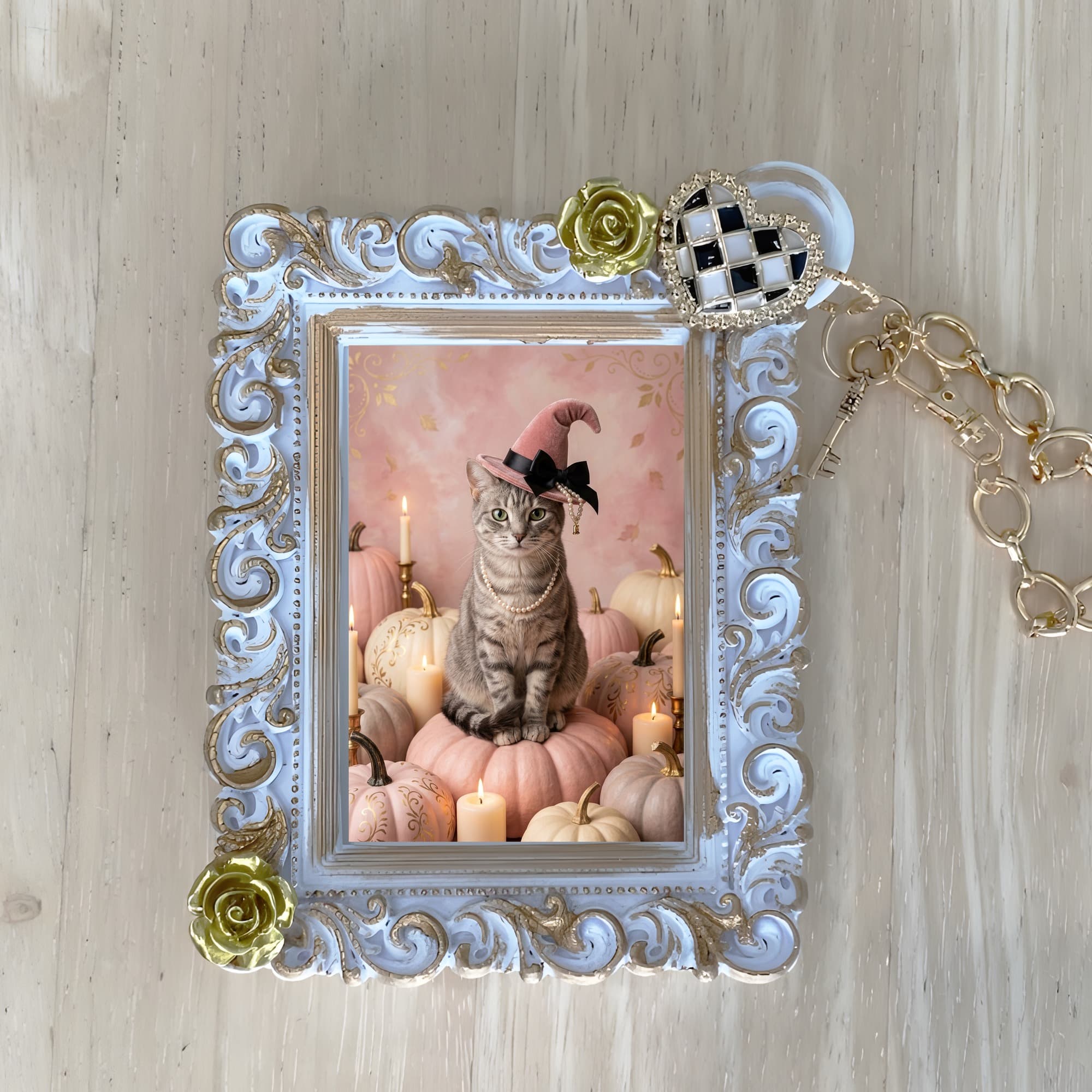 American Shorthair Pumpkin & Candlelight Oil-Painting Halloween Bag Charm (White)