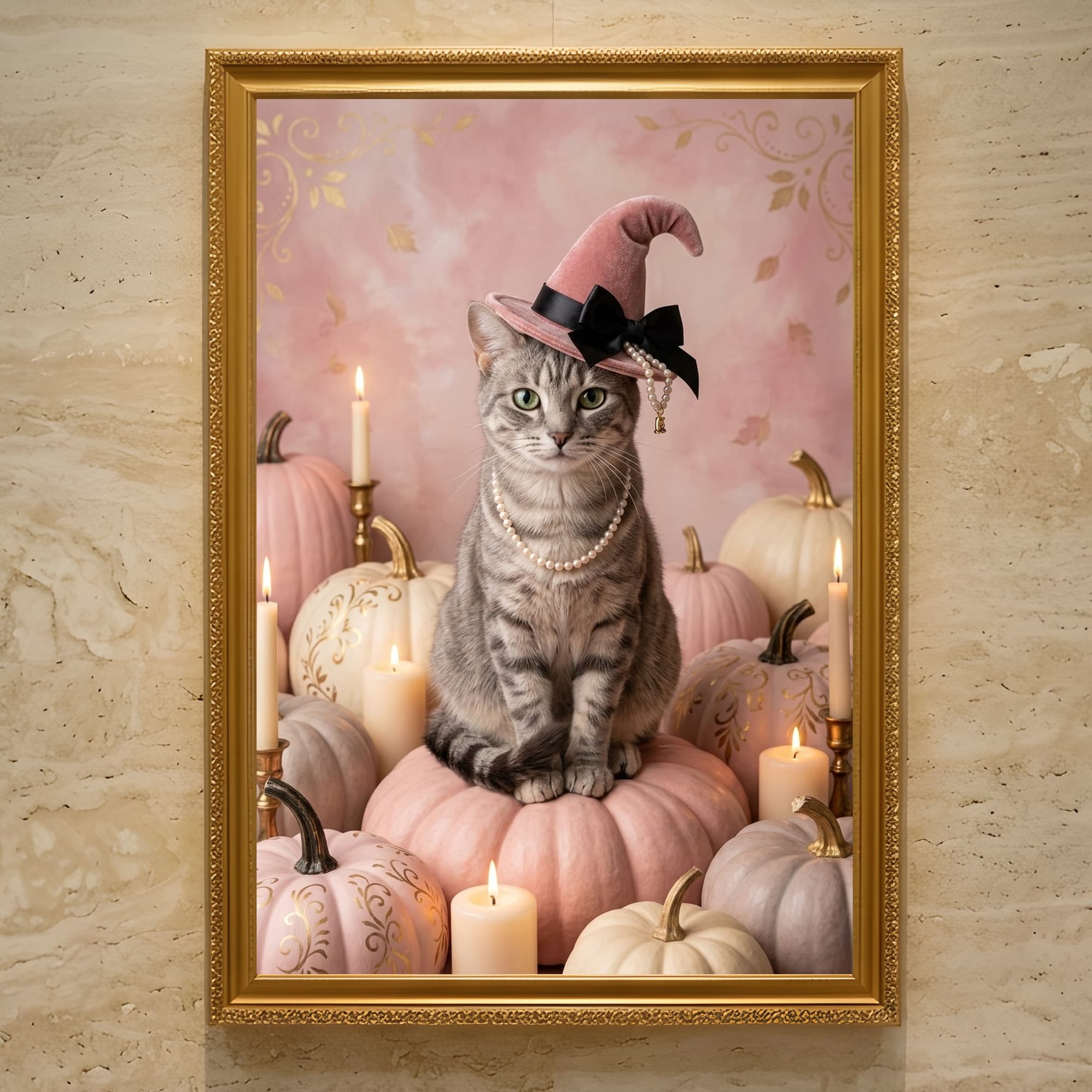 アメリカンショートヘアのかぼちゃとキャンドルの油絵風アートハロウィン額装プリント(A3サイズ)