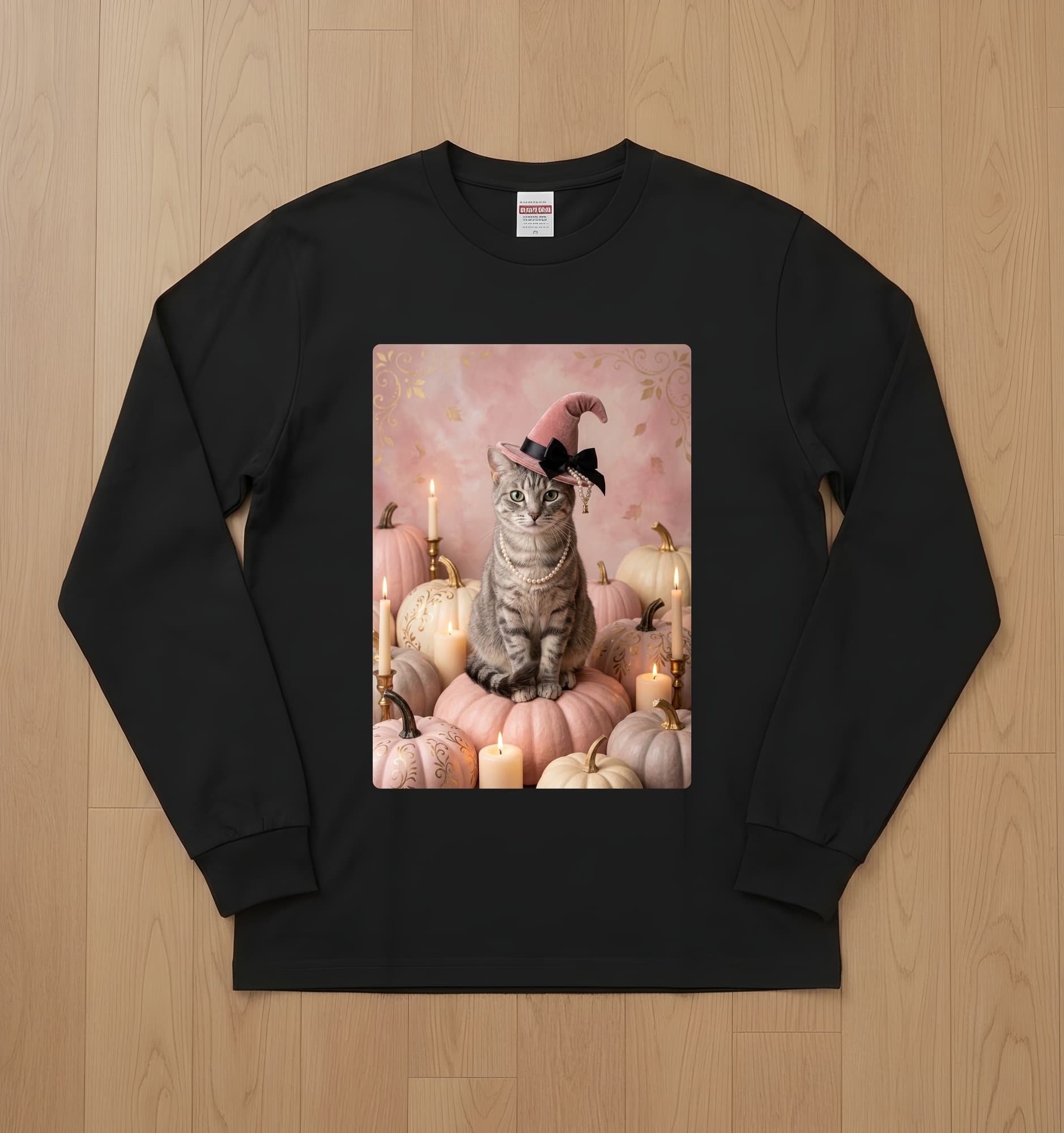 American Shorthair Pumpkin & Candlelight Oil-Painting Halloween Long Sleeve T-Shirt (Black)