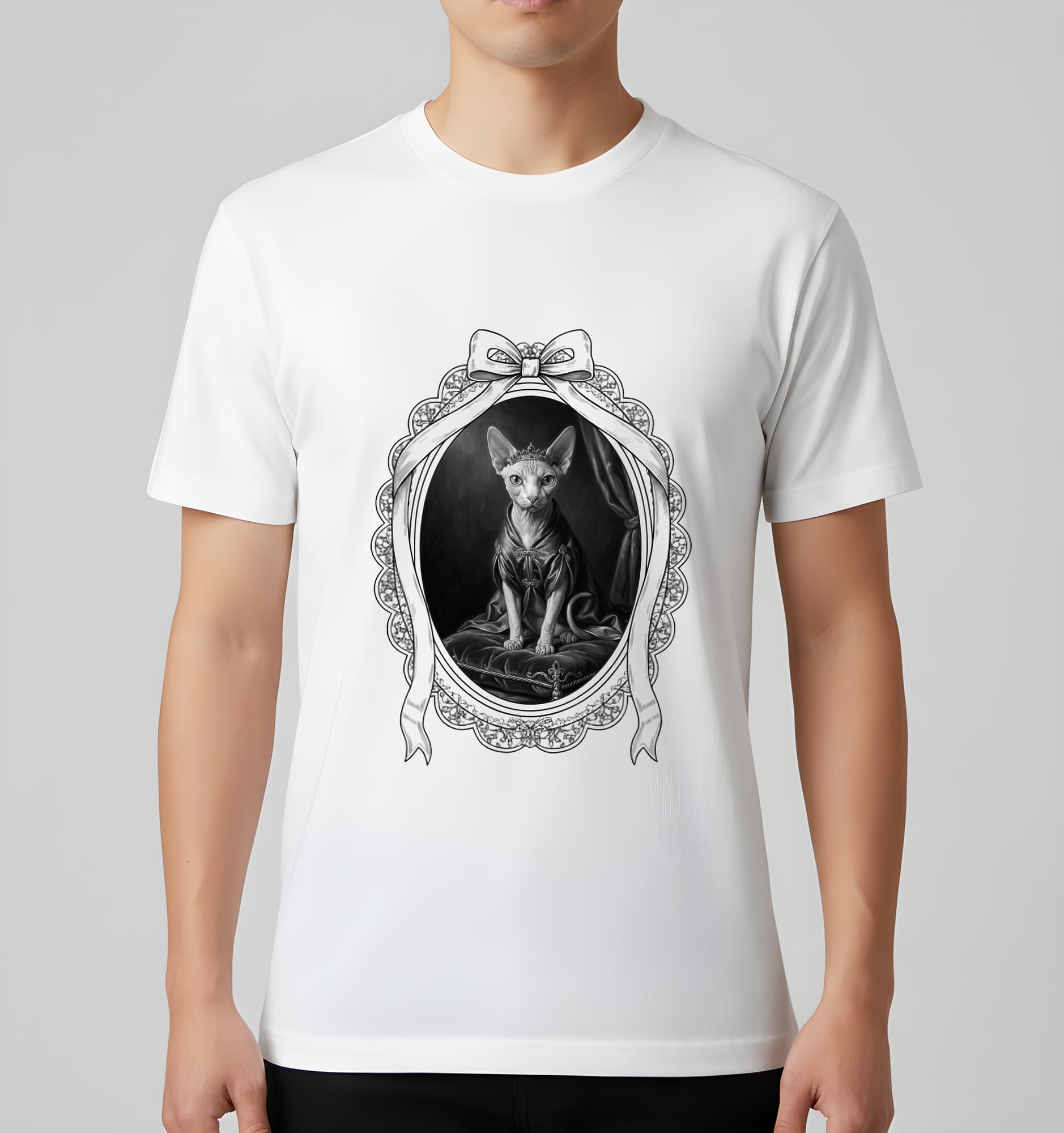 スフィンクスのルネサンス肖像画Tシャツ(ホワイト・モノクロプリント・額縁デザインあり) 3