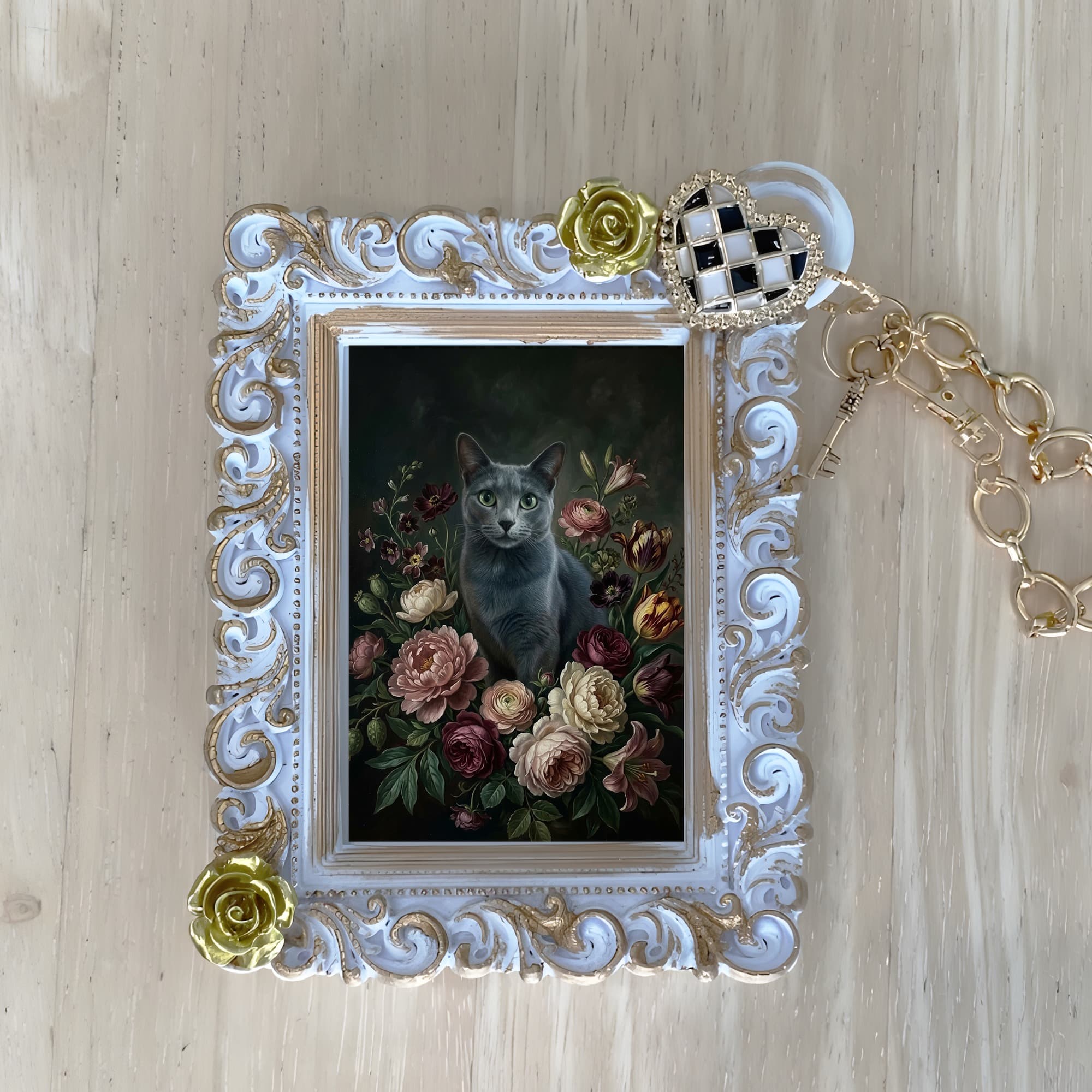 Russian Blue Floral Oil-Painting Floral Bag Charm (White)