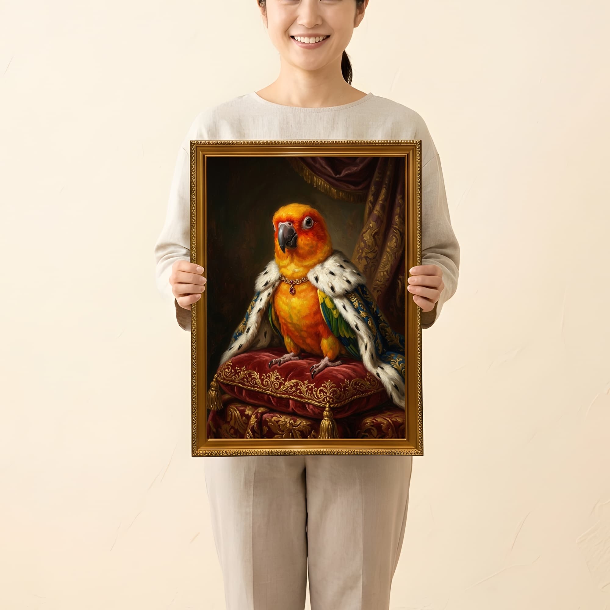 コガネメキシコインコのルネサンス肖像画額装プリント(A3サイズ) 2