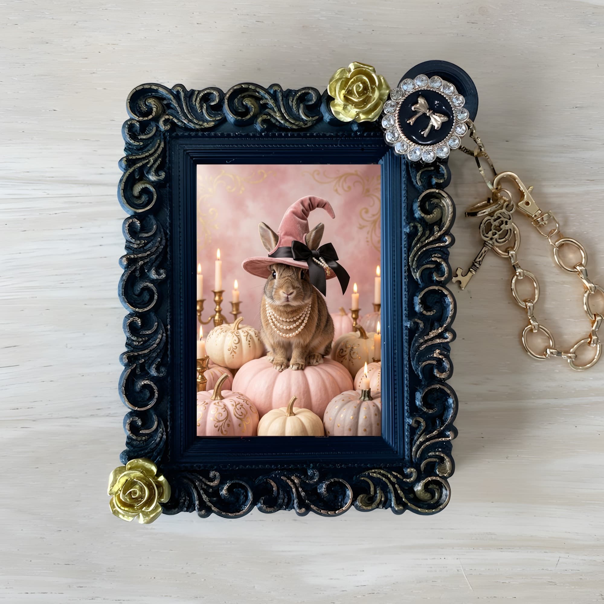 mixed breed rabbit Pumpkin & Candlelight Oil-Painting Halloween Bag Charm (Black)