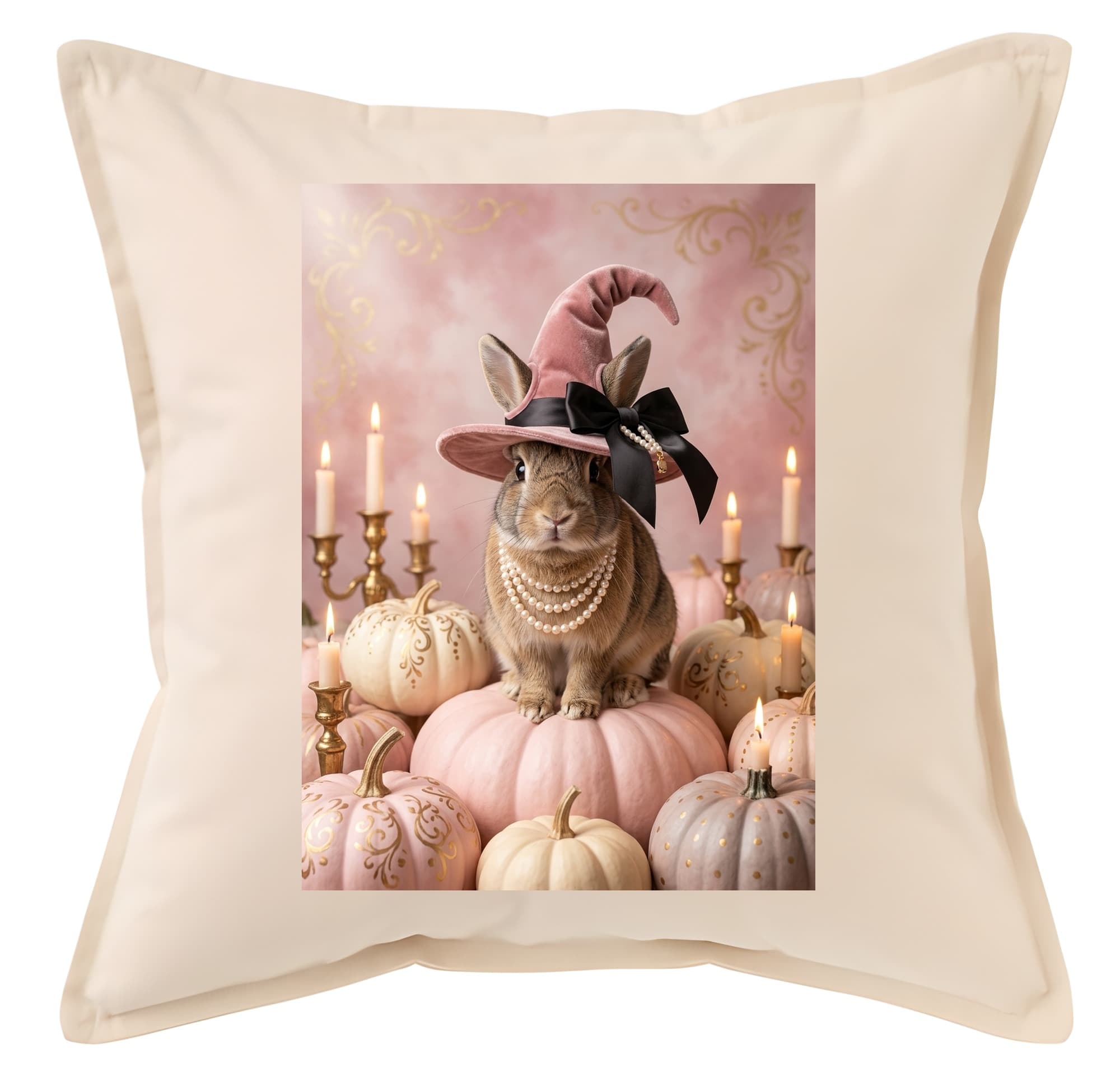 うさぎのかぼちゃとキャンドルの油絵風アートハロウィンクッション