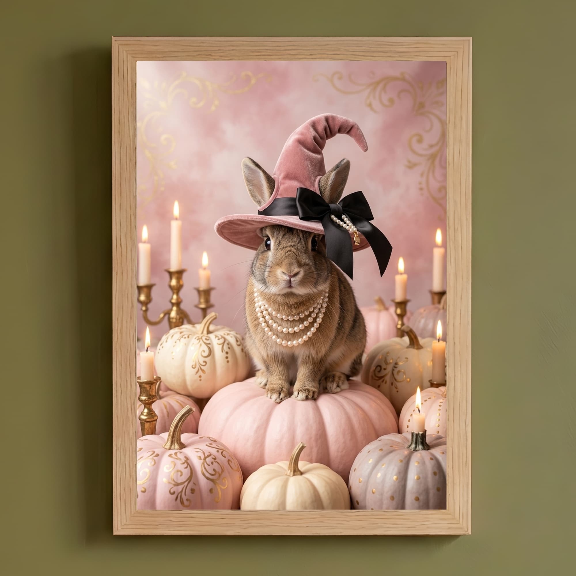 うさぎのかぼちゃとキャンドルの油絵風アートハロウィン額装プリント(A4サイズ)