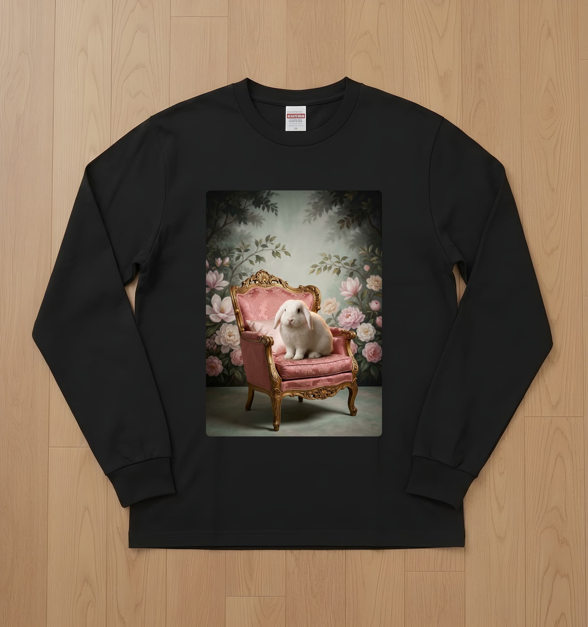 English Angora Shabby Pink Oil-Painting Rococo Long Sleeve T-Shirt (Black)