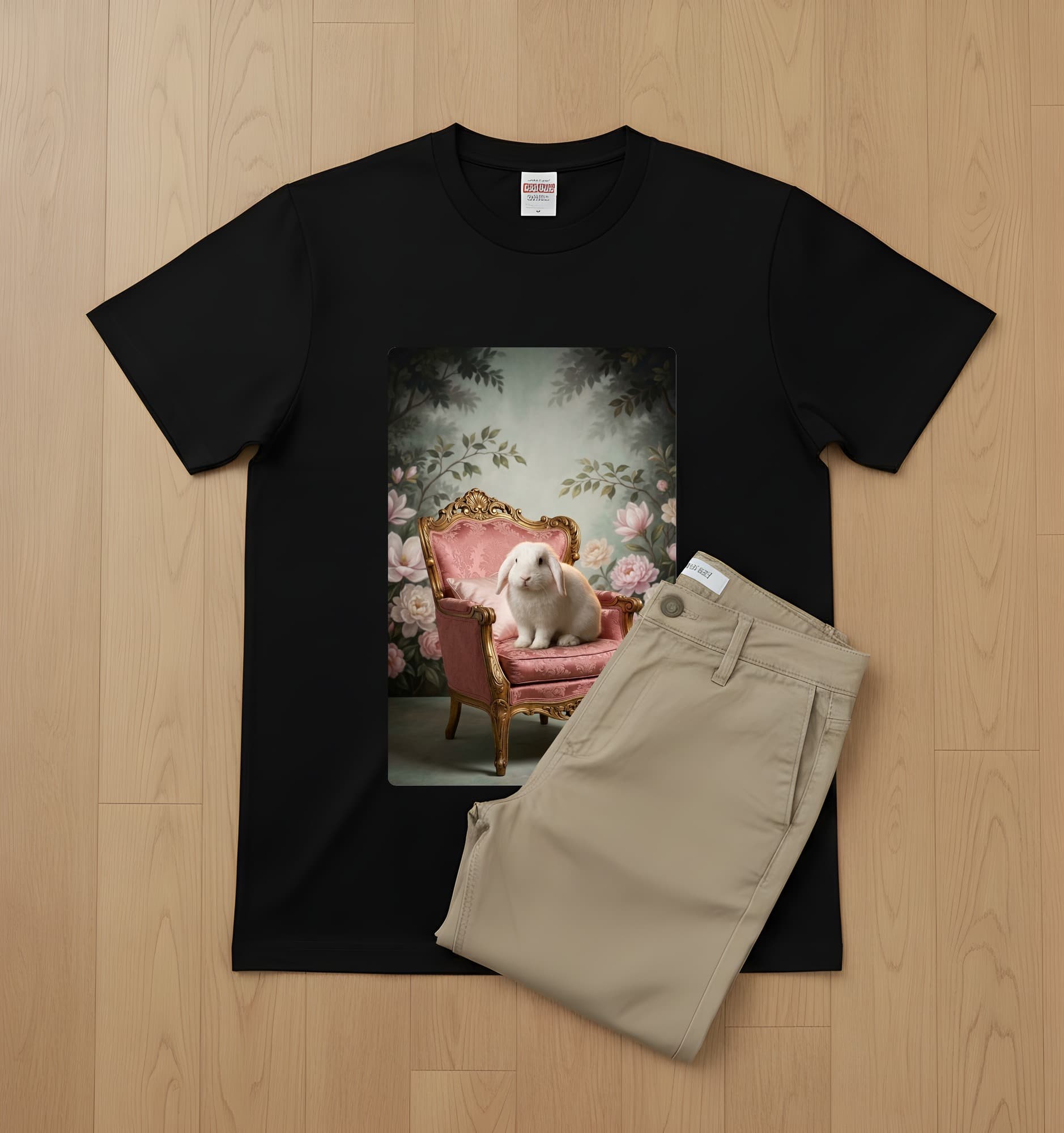 イングリッシュアンゴラのシャビーピンクの油絵風アートロココ調Tシャツ(ブラック) 2