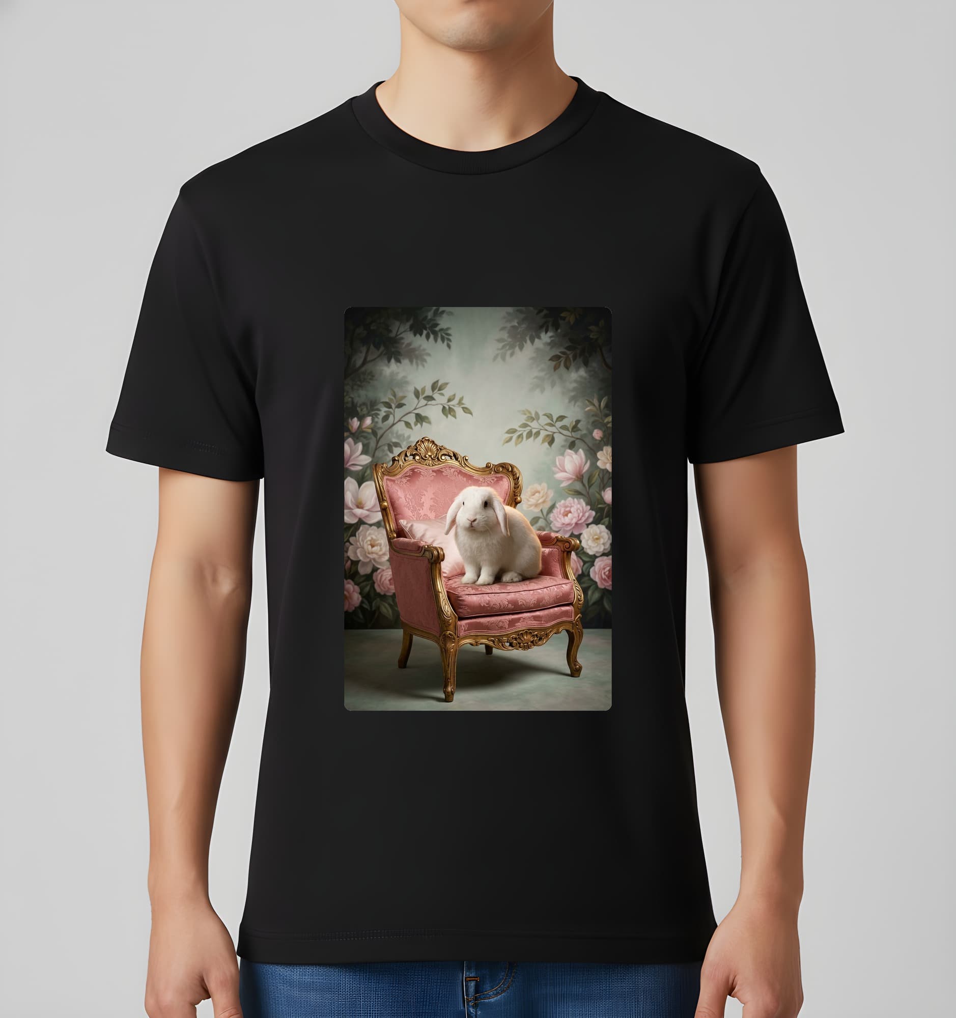 イングリッシュアンゴラのシャビーピンクの油絵風アートロココ調Tシャツ(ブラック) 3