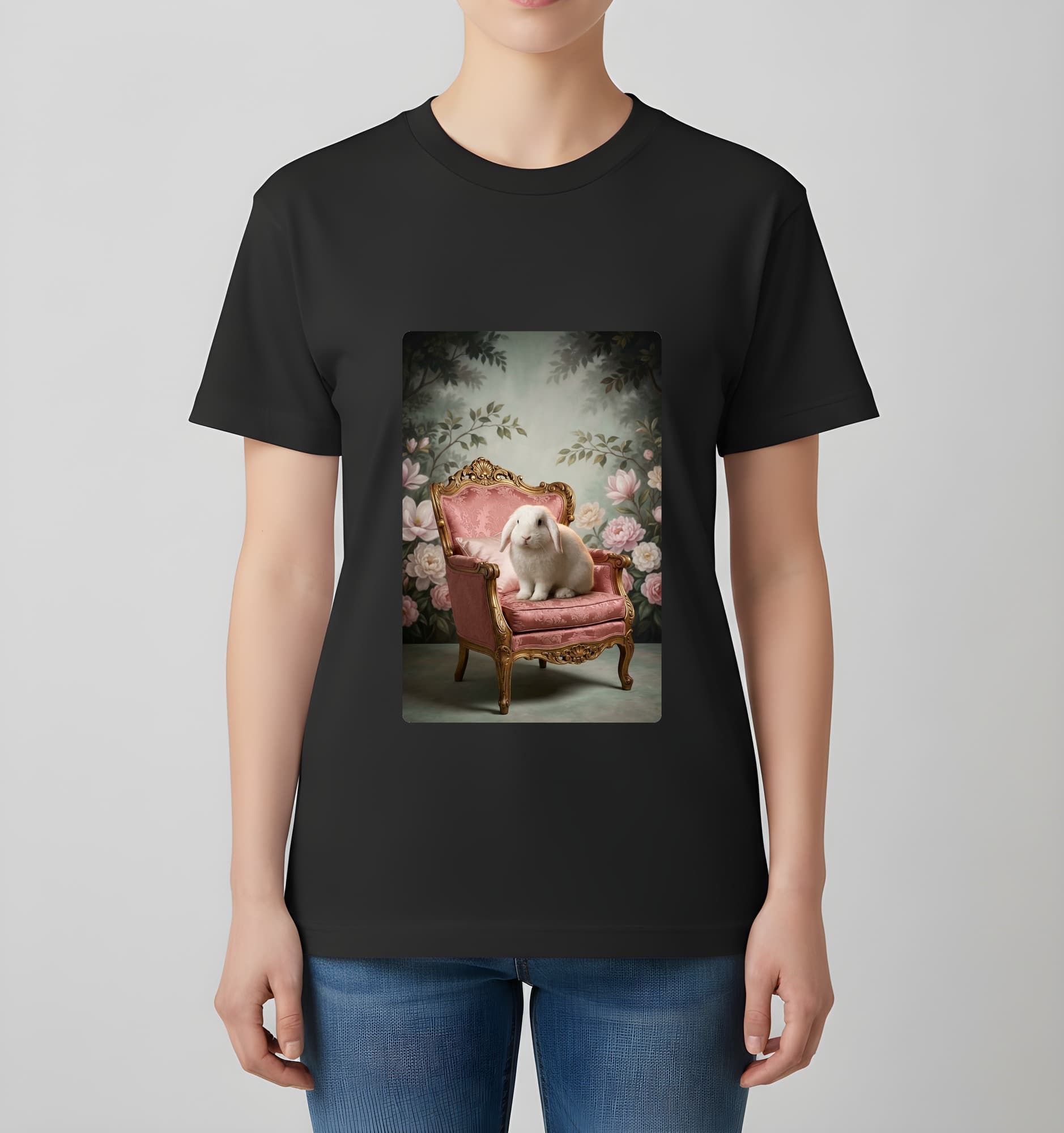 イングリッシュアンゴラのシャビーピンクの油絵風アートロココ調Tシャツ(ブラック) 4