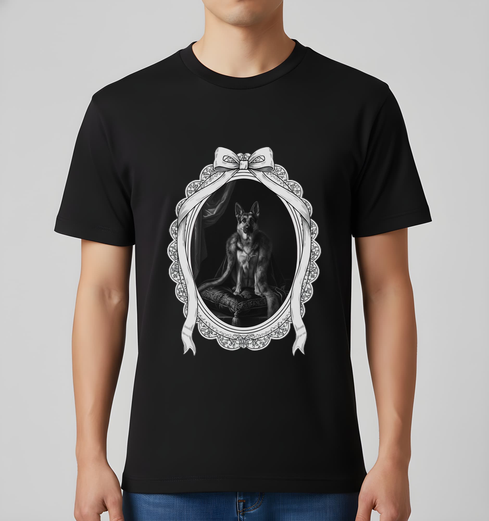ジャーマンシェパードのルネサンス肖像画Tシャツ(ブラック・モノクロプリント・額縁デザインあり) 2