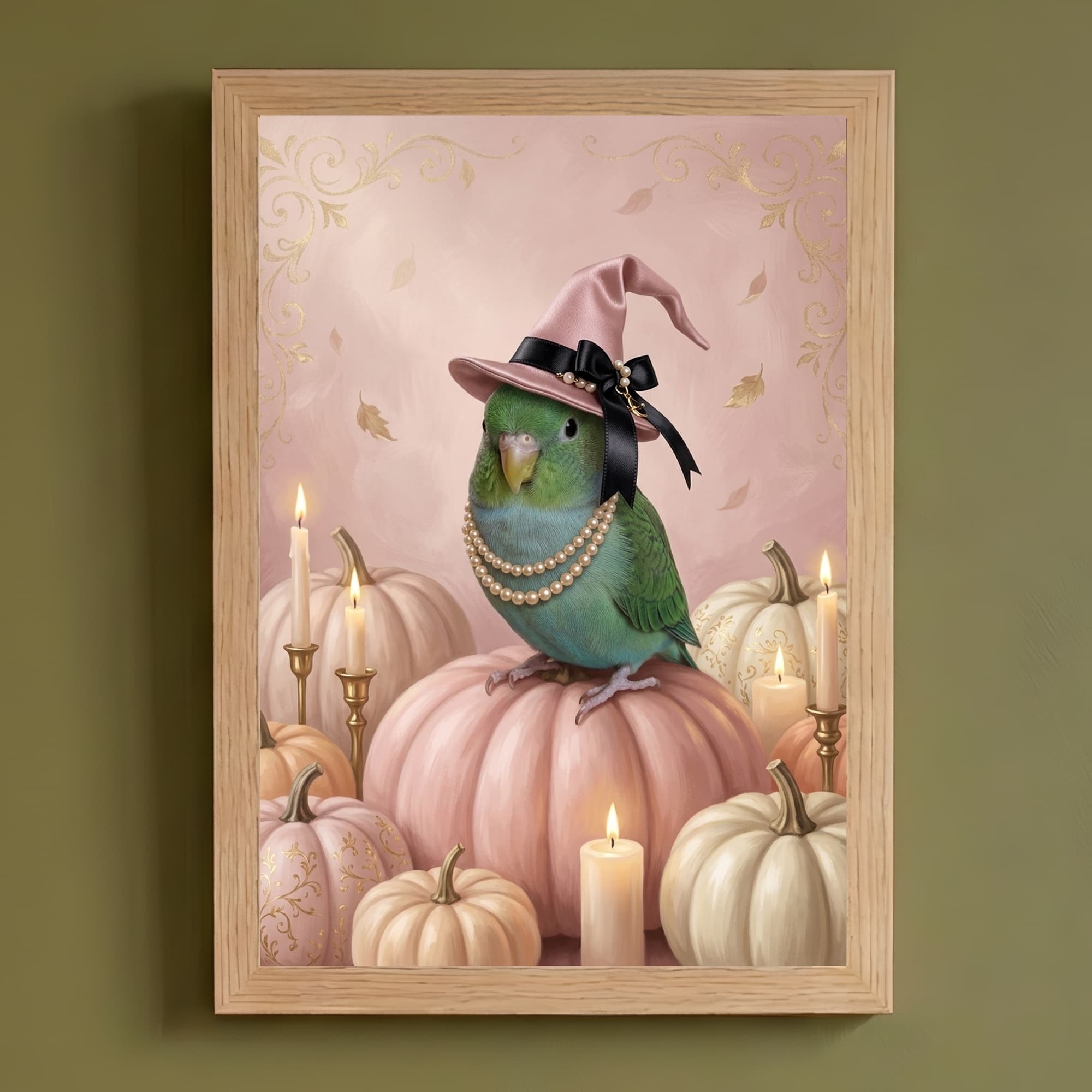 サザナミインコのかぼちゃとキャンドルの油絵風アートハロウィン額装プリント(A4サイズ)