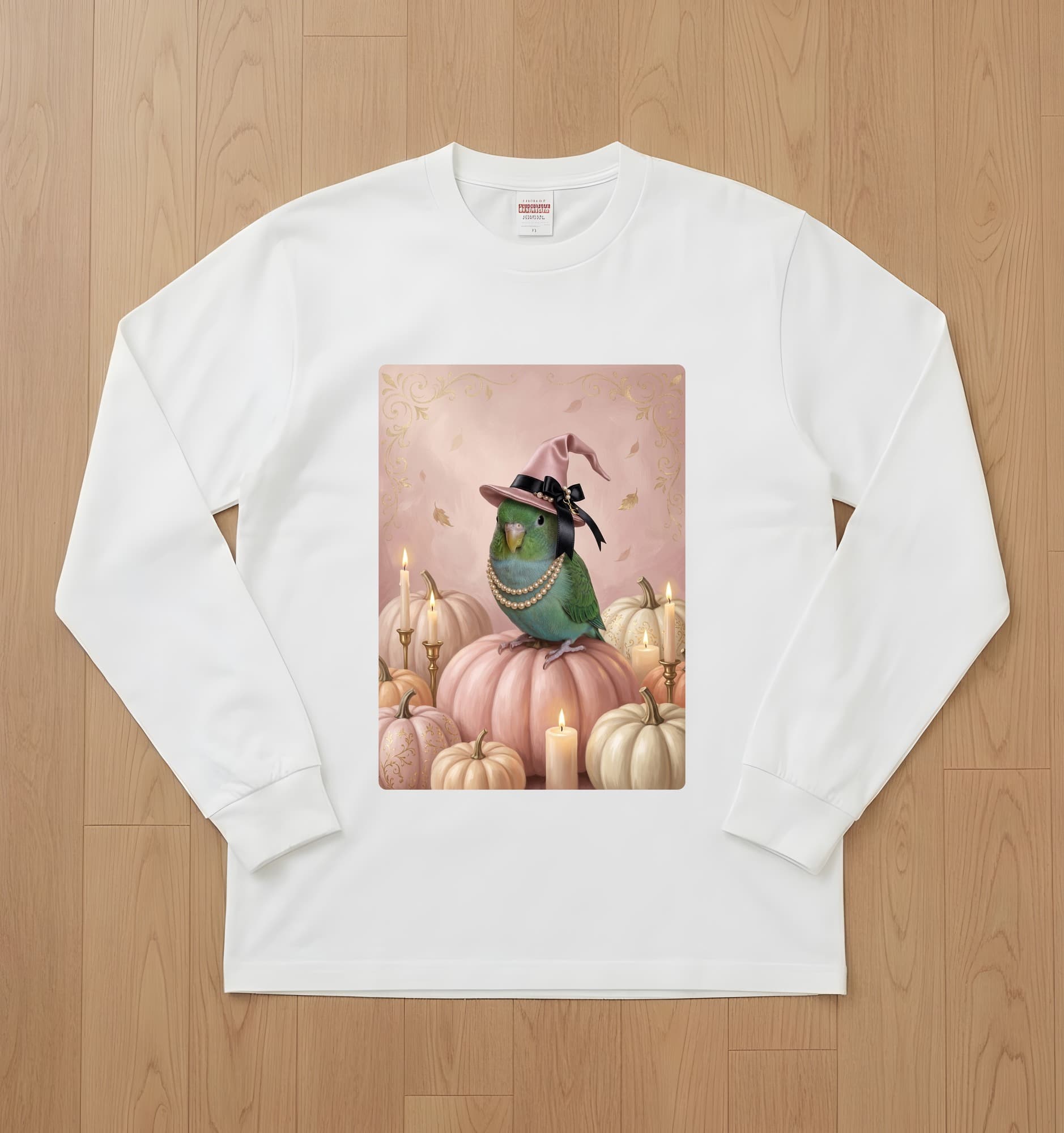サザナミインコのかぼちゃとキャンドルの油絵風アートハロウィン長袖Tシャツ(ホワイト)
