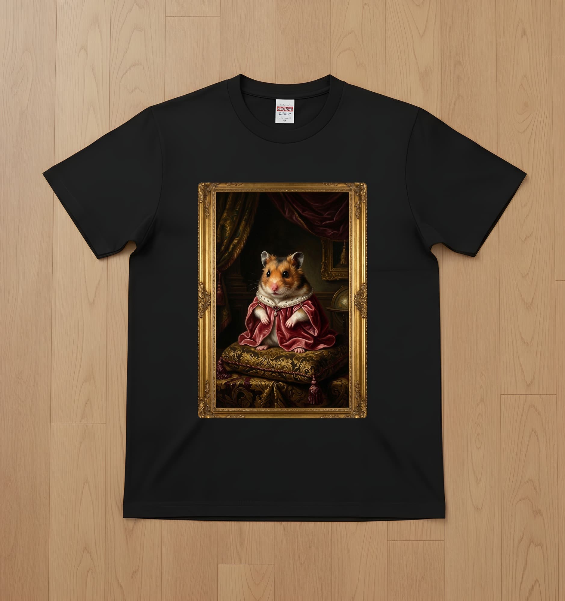 キャンベルハムスターのルネサンス肖像画Tシャツ(ブラック・カラープリント・額縁なし)