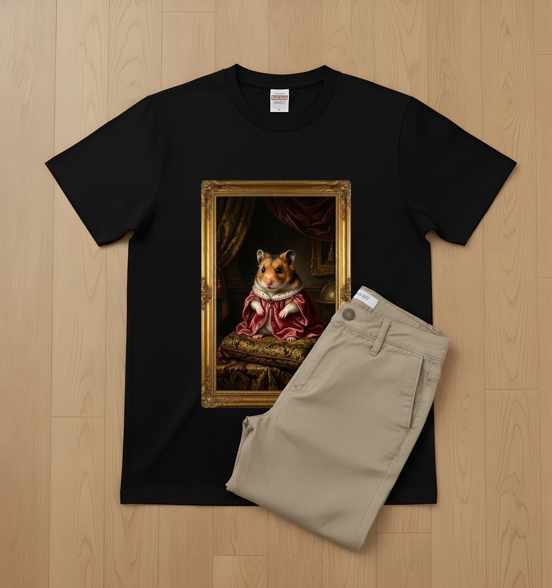 キャンベルハムスターのルネサンス肖像画Tシャツ(ホワイト・モノクロプリント・額縁デザインあり) 2